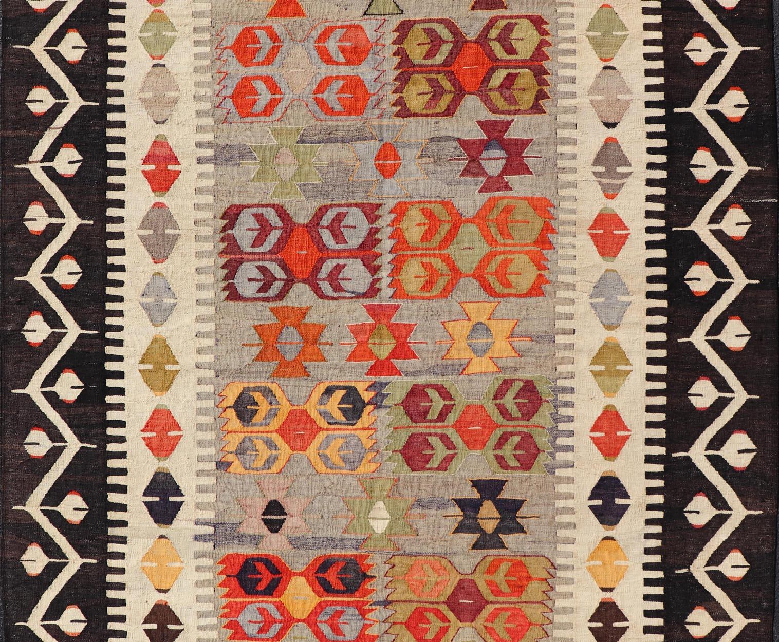 Colorful Vintage Turkish Flatweave Rug with All-Over Tribal Design In Good Condition For Sale In Atlanta, GA