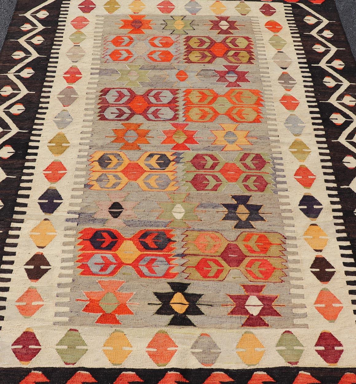 Wool Colorful Vintage Turkish Flatweave Rug with All-Over Tribal Design For Sale