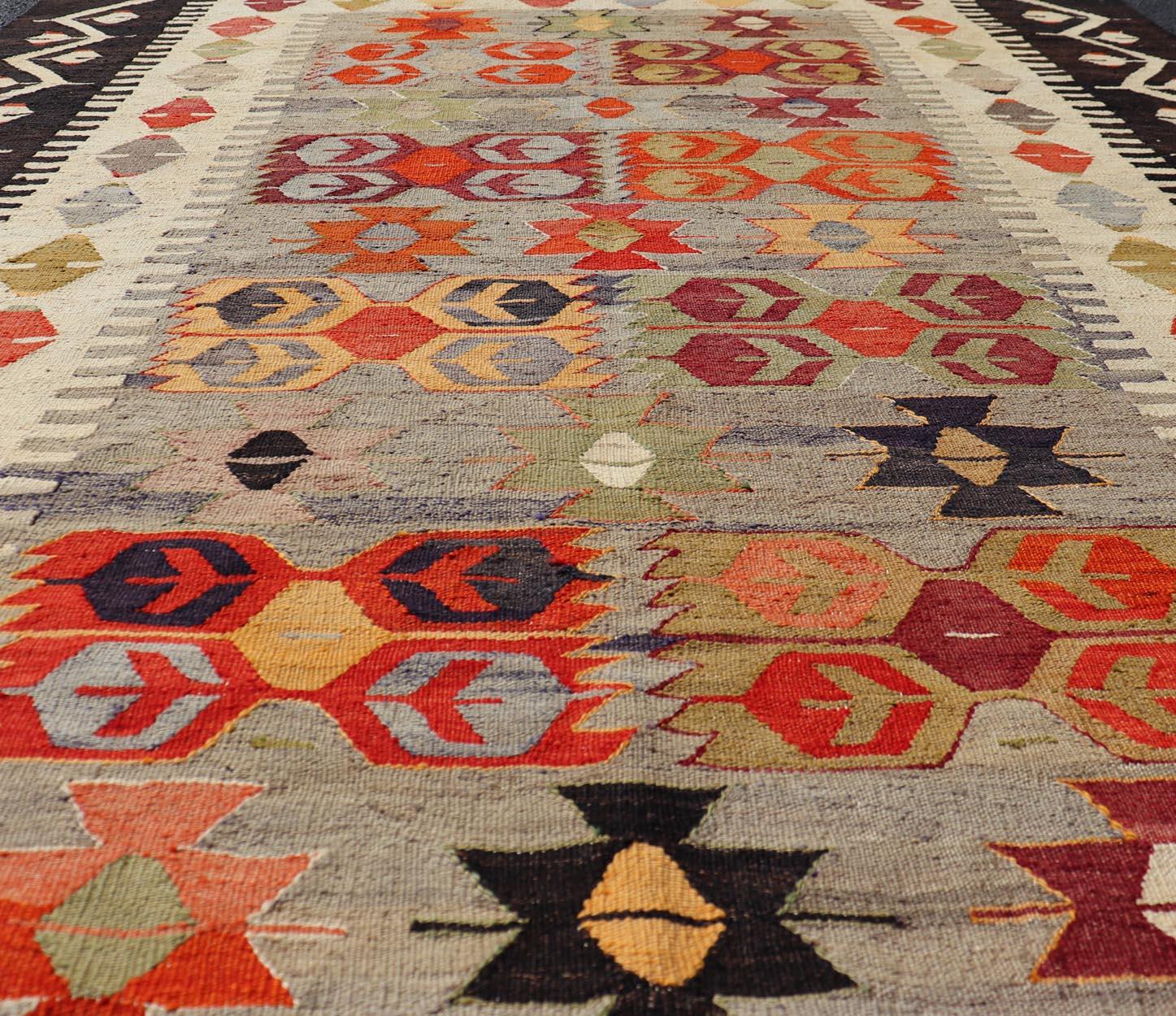 Colorful Vintage Turkish Flatweave Rug with All-Over Tribal Design For Sale 1