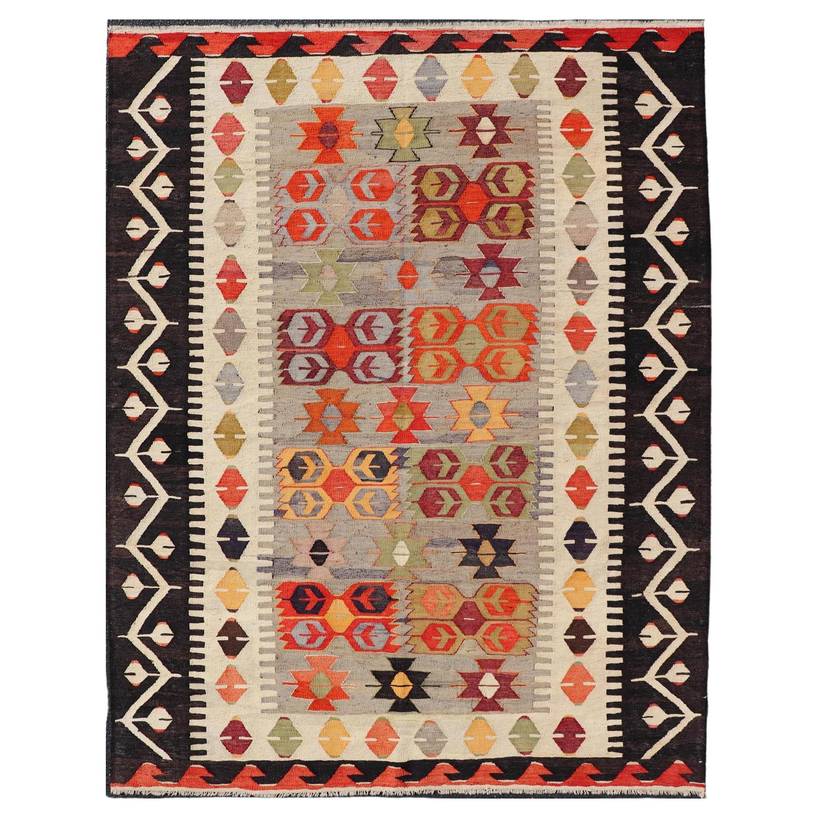 Colorful Vintage Turkish Flatweave Rug with All-Over Tribal Design