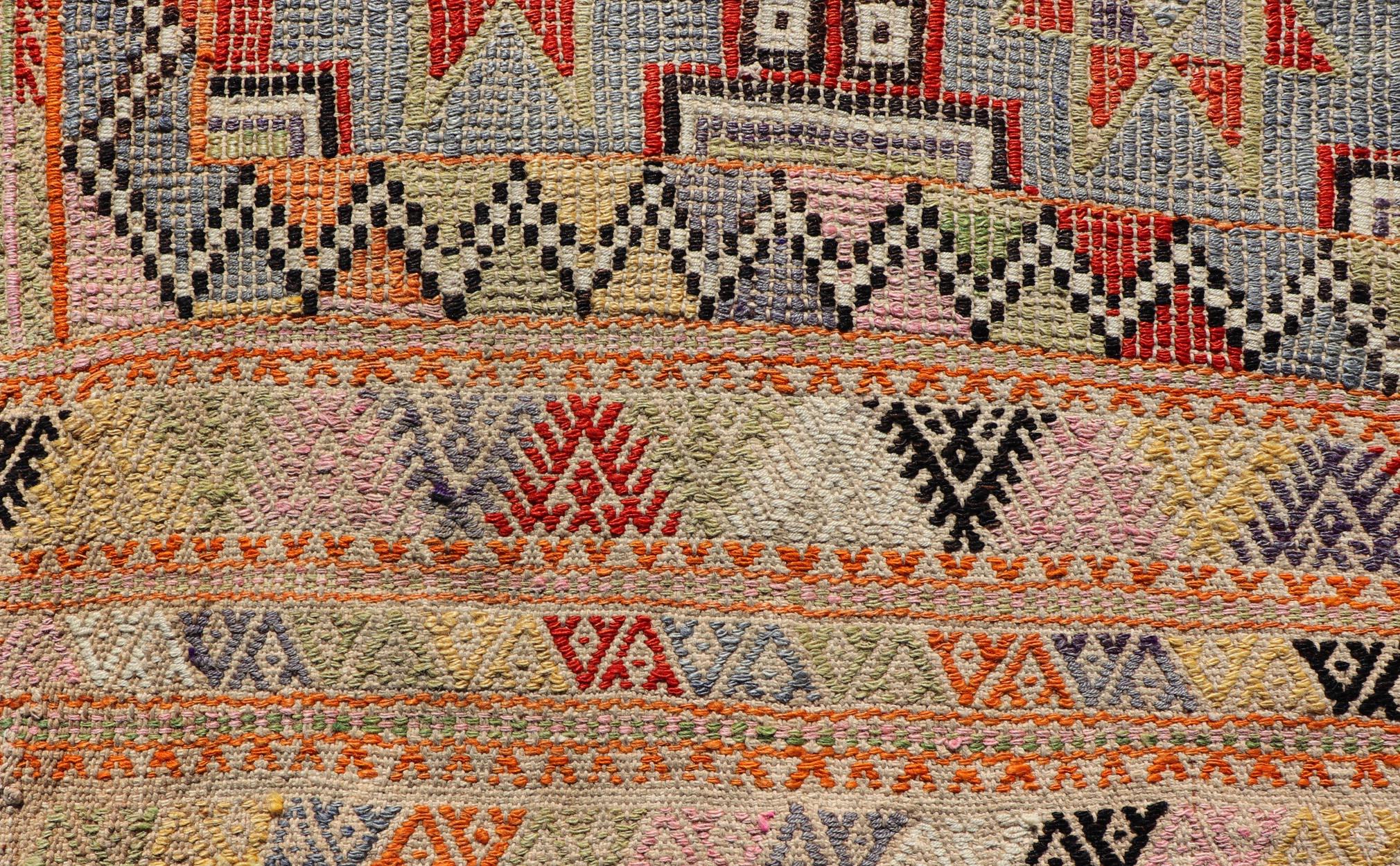 Hand-Woven Colorful Vintage Turkish Kilim Embroidered with Star Design in Gray and Green For Sale