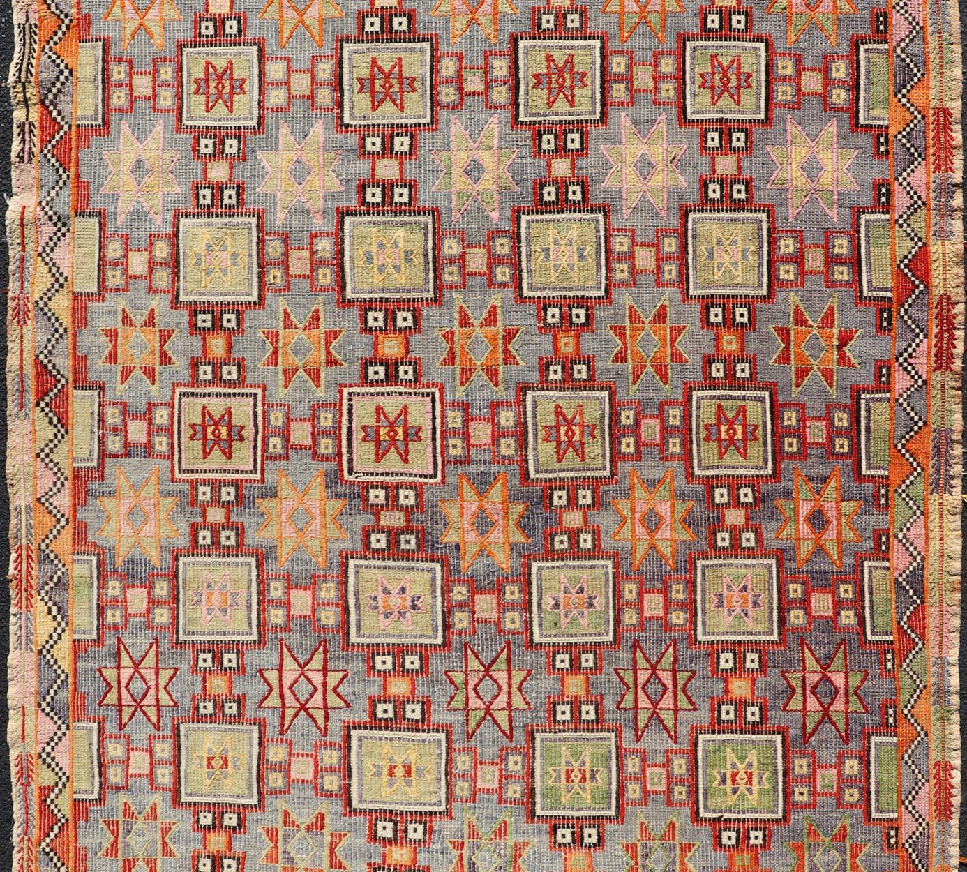 20th Century Colorful Vintage Turkish Kilim Embroidered with Star Design in Gray and Green For Sale
