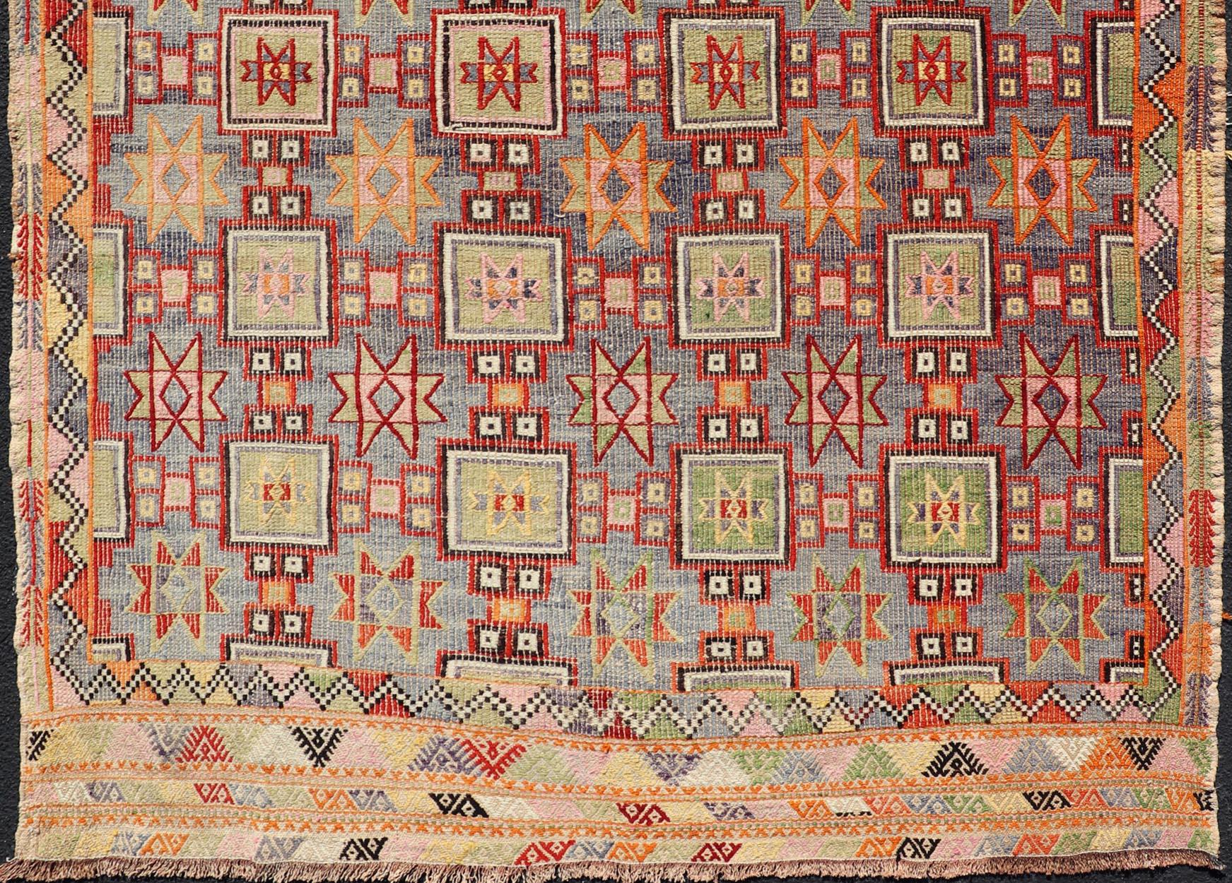 Wool Colorful Vintage Turkish Kilim Embroidered with Star Design in Gray and Green For Sale