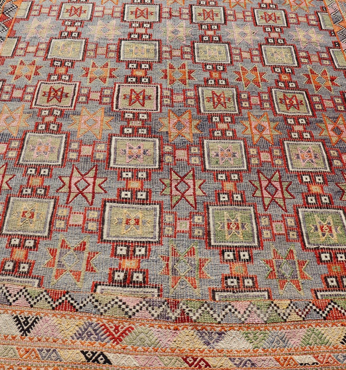 Colorful Vintage Turkish Kilim Embroidered with Star Design in Gray and Green For Sale 1