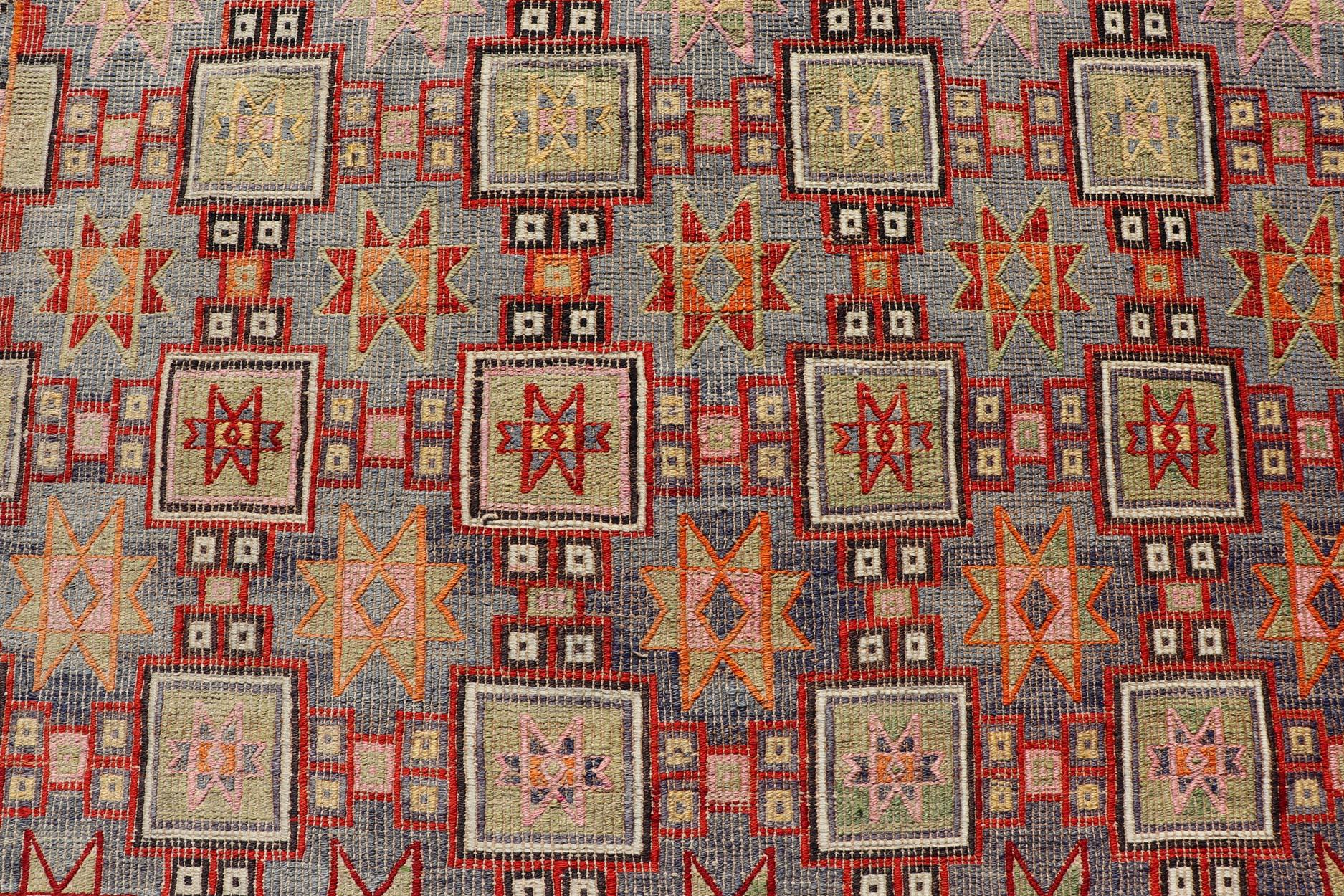 Colorful Vintage Turkish Kilim Embroidered with Star Design in Gray and Green For Sale 3