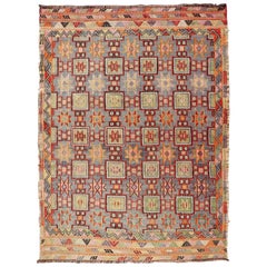 Colorido Kilim Turco Vintage Bordado con Diseño de Estrellas en Gris y Verde