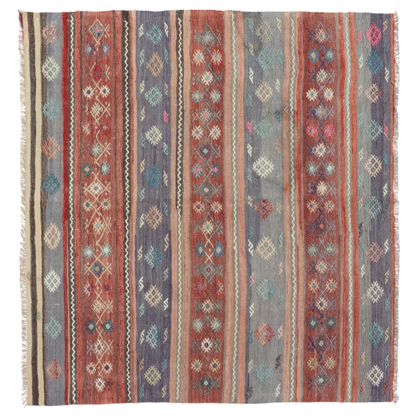 Colorful Vintage Turkish Kilim Rug Striped Tribal Motifs Wool Flatweave