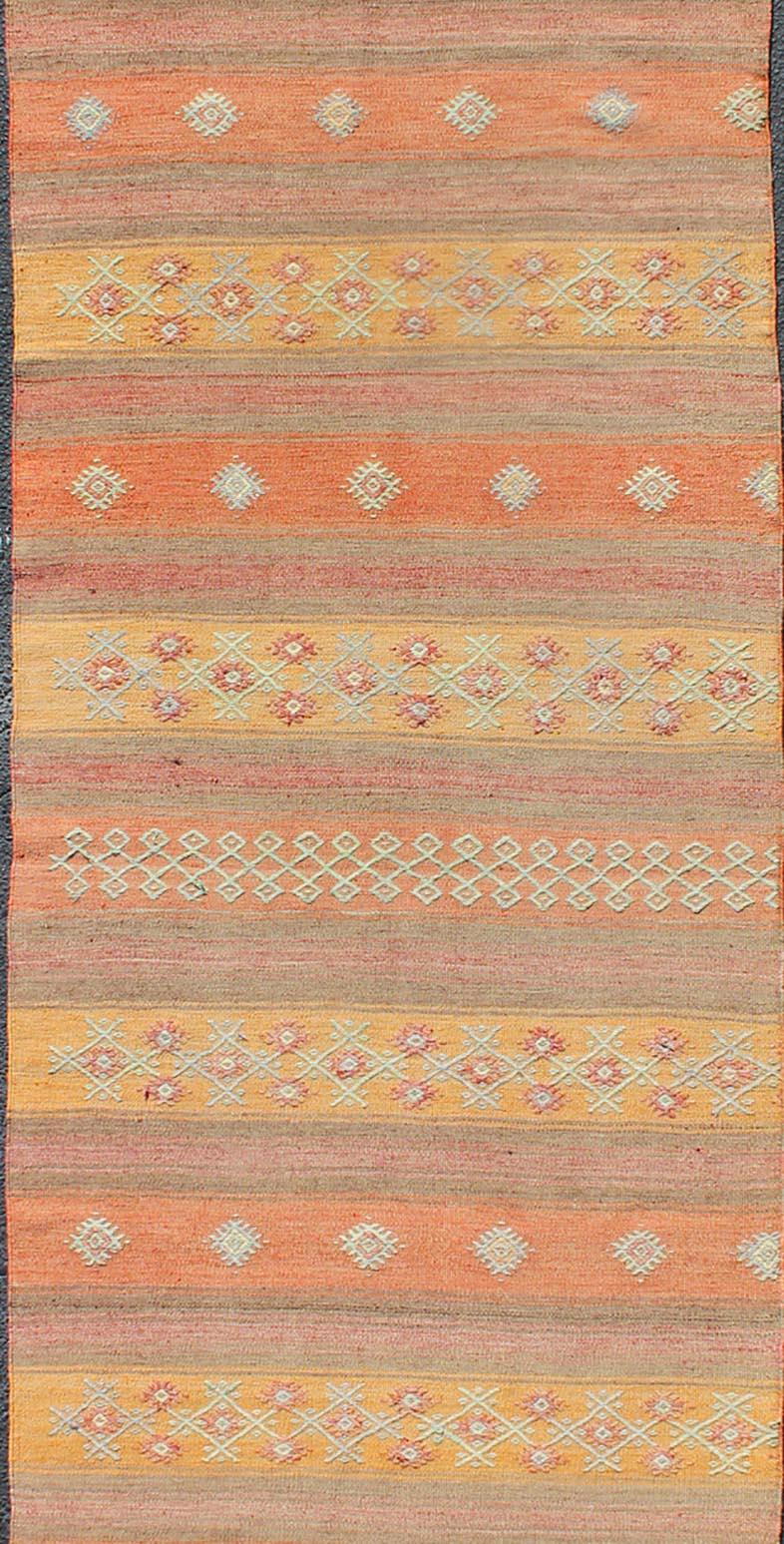 Colorful Vintage Turkish Kilim Rug with Horizontal Stripes and Geometric Shapes In Good Condition For Sale In Atlanta, GA