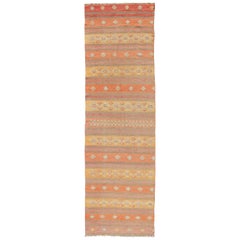 Colorful Retro Turkish Kilim Rug with Horizontal Stripes and Geometric Shapes