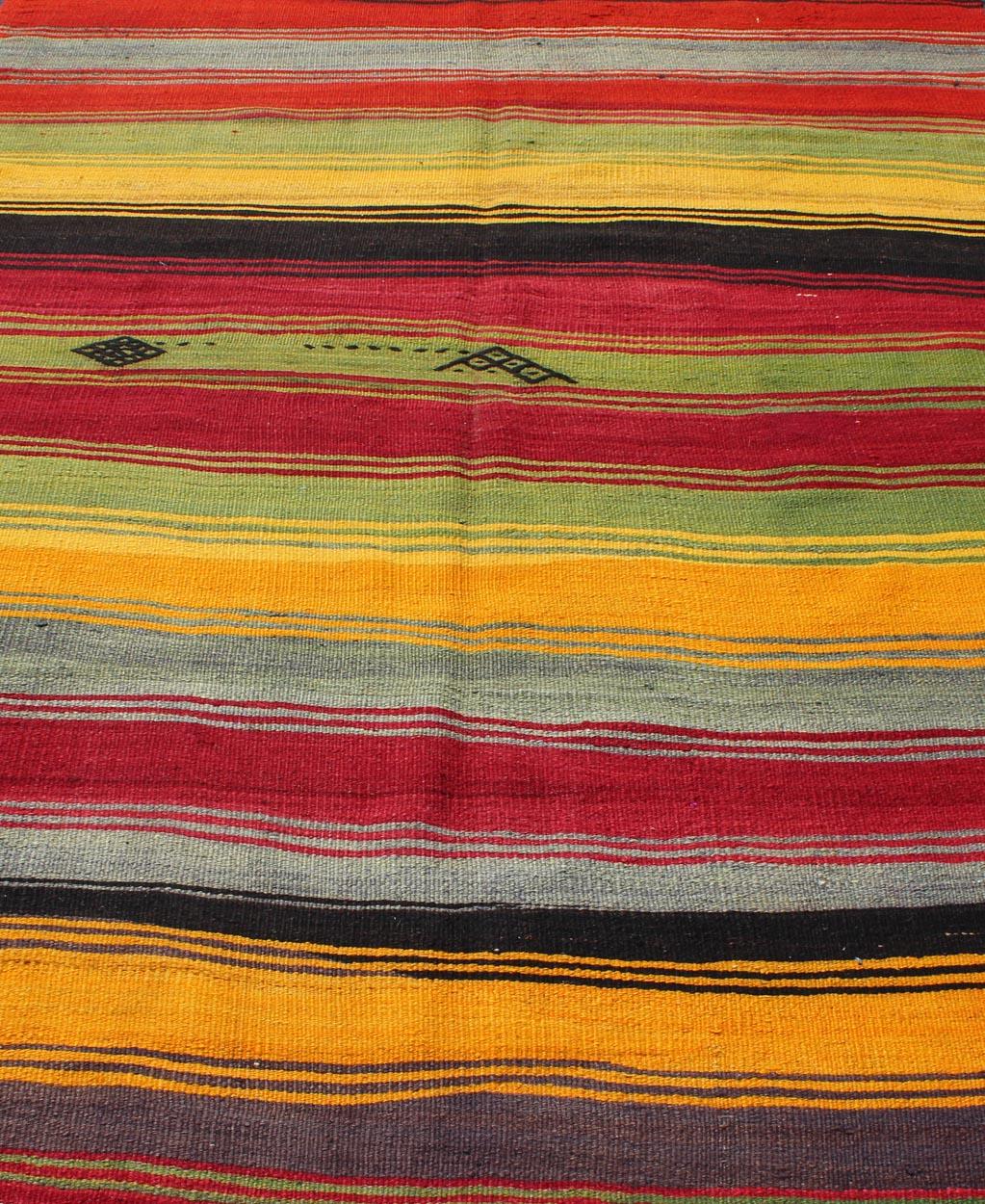 Bright & Colorful Vintage Turkish Kilim Rug in Stripes Design with Vivid Colors For Sale 4