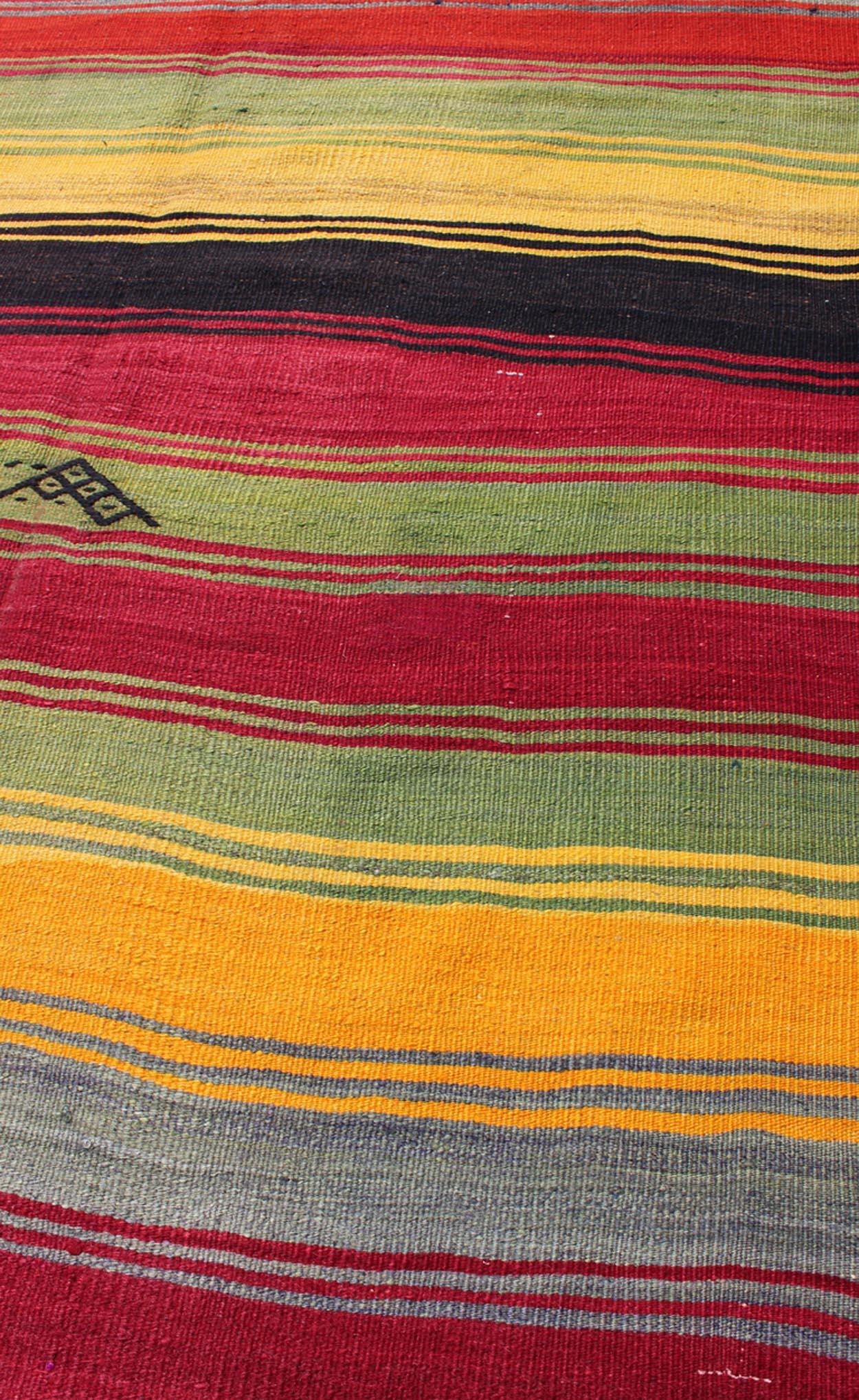 Bright & Colorful Vintage Turkish Kilim Rug in Stripes Design with Vivid Colors For Sale 5