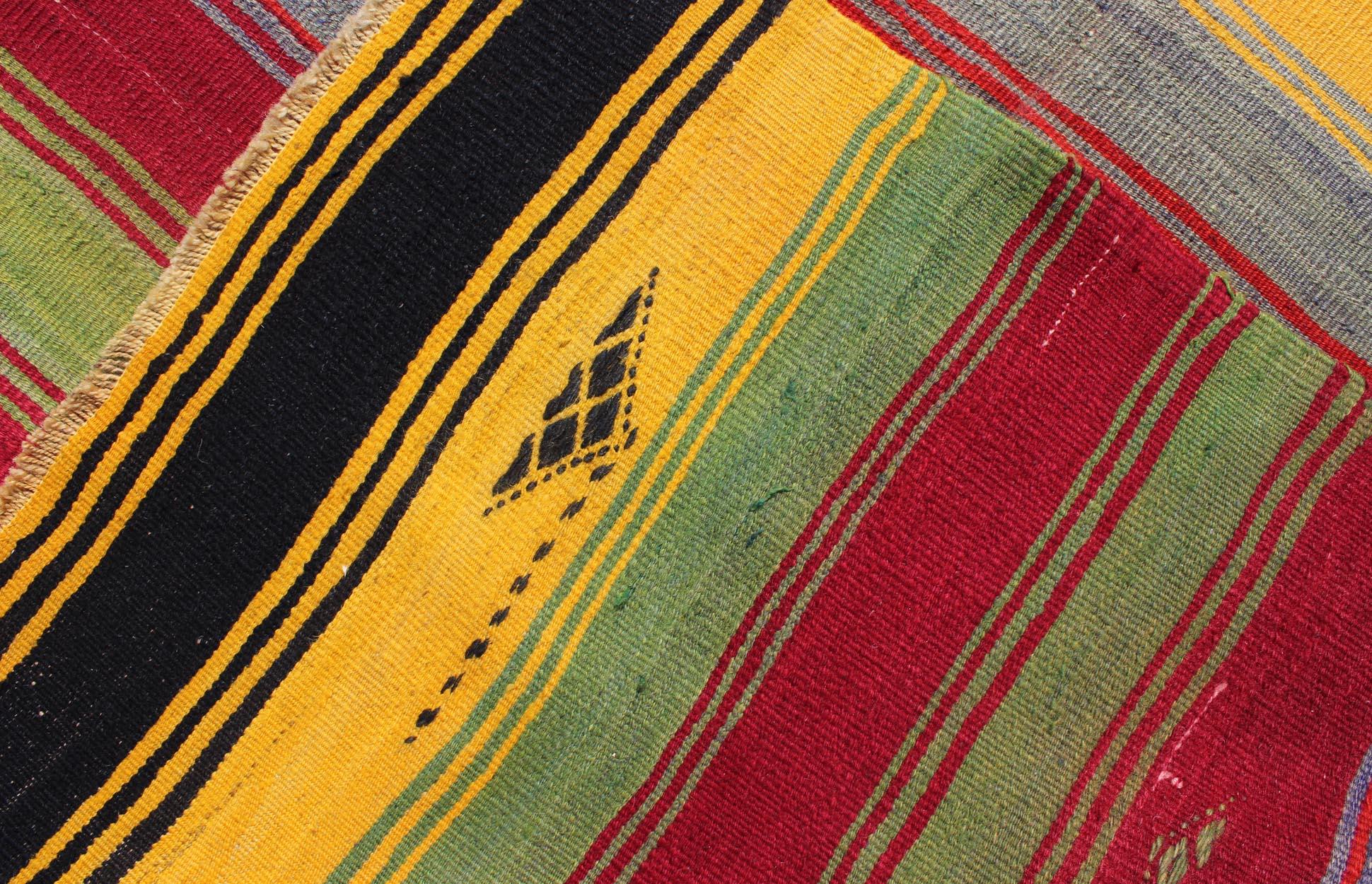 Colorful Vintage Turkish Kilim Rug with Subtle Tribal Shapes and Stripes Design For Sale 6