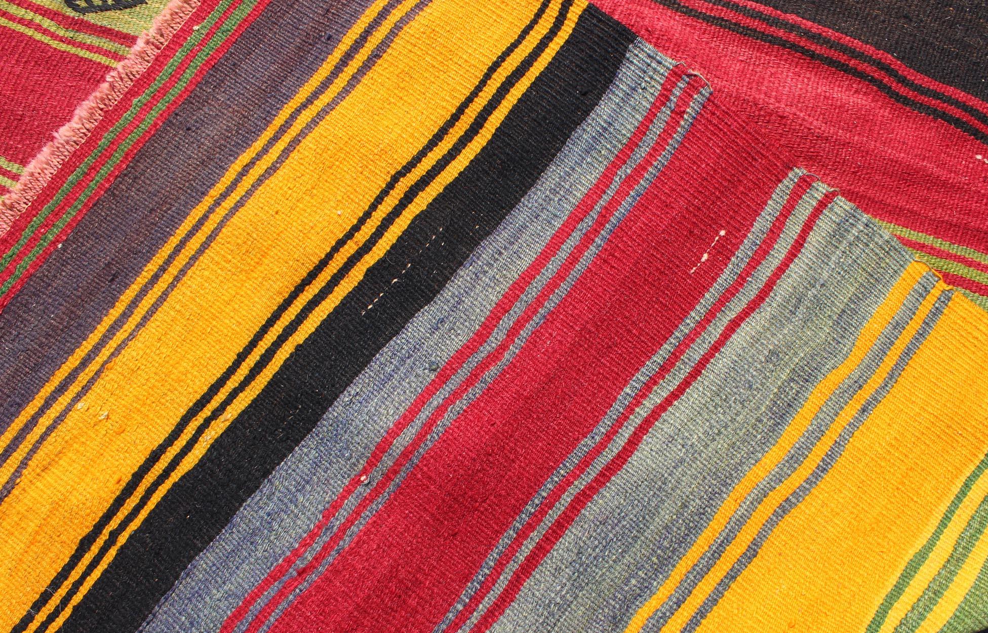 Bright & Colorful Vintage Turkish Kilim Rug in Stripes Design with Vivid Colors For Sale 6