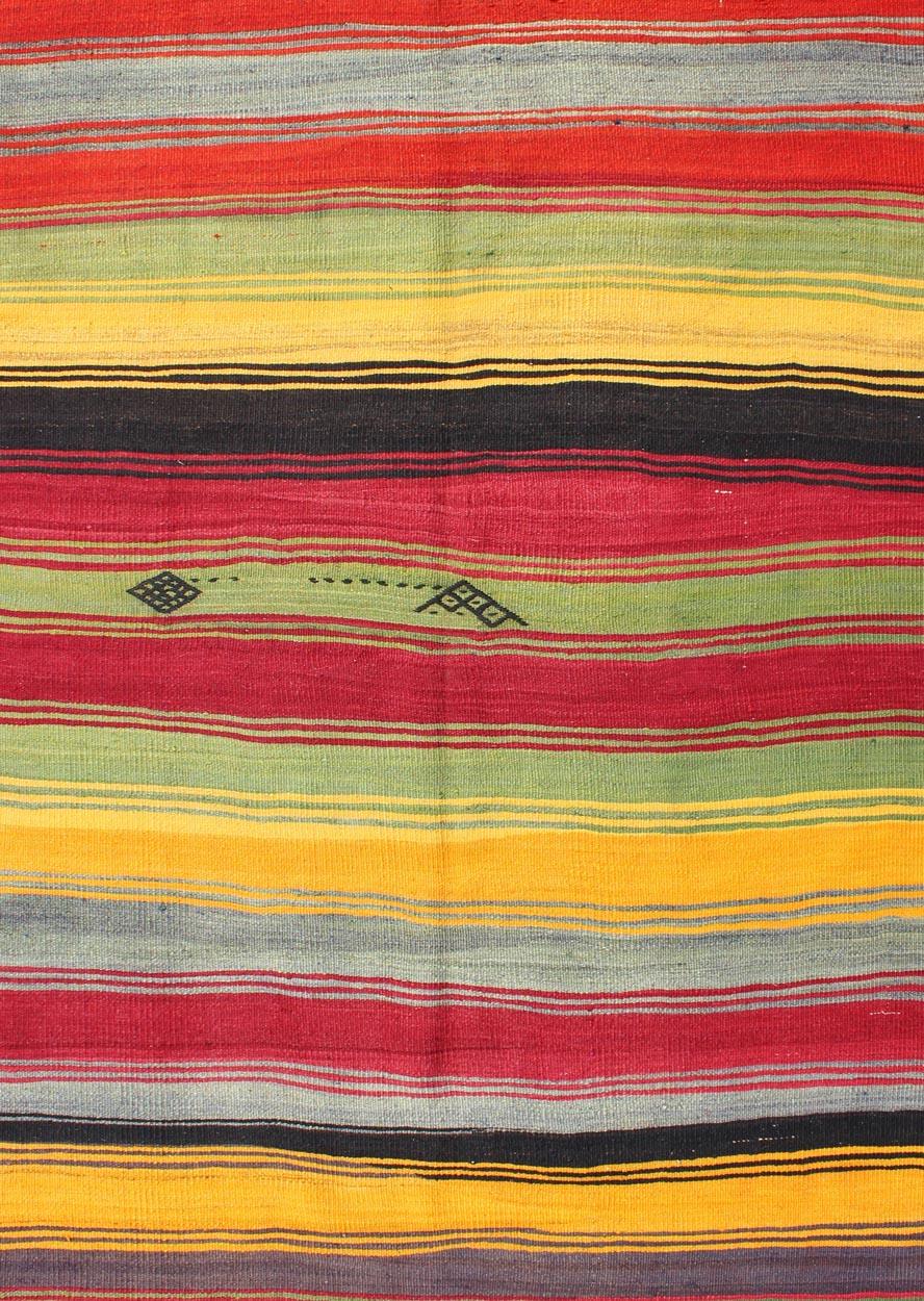 Hand-Woven Bright & Colorful Vintage Turkish Kilim Rug in Stripes Design with Vivid Colors For Sale