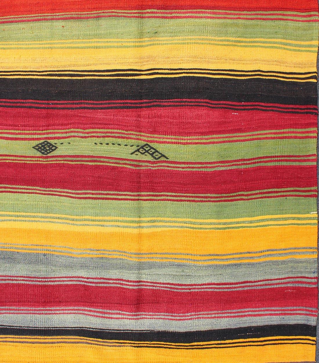 Bright & Colorful Vintage Turkish Kilim Rug in Stripes Design with Vivid Colors In Excellent Condition For Sale In Atlanta, GA