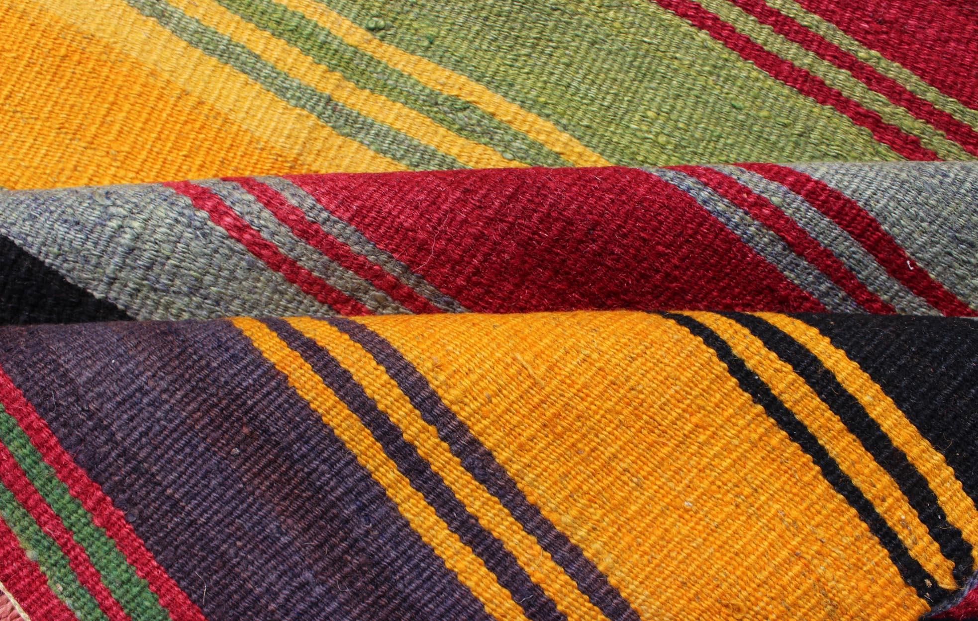 20th Century Bright & Colorful Vintage Turkish Kilim Rug in Stripes Design with Vivid Colors For Sale