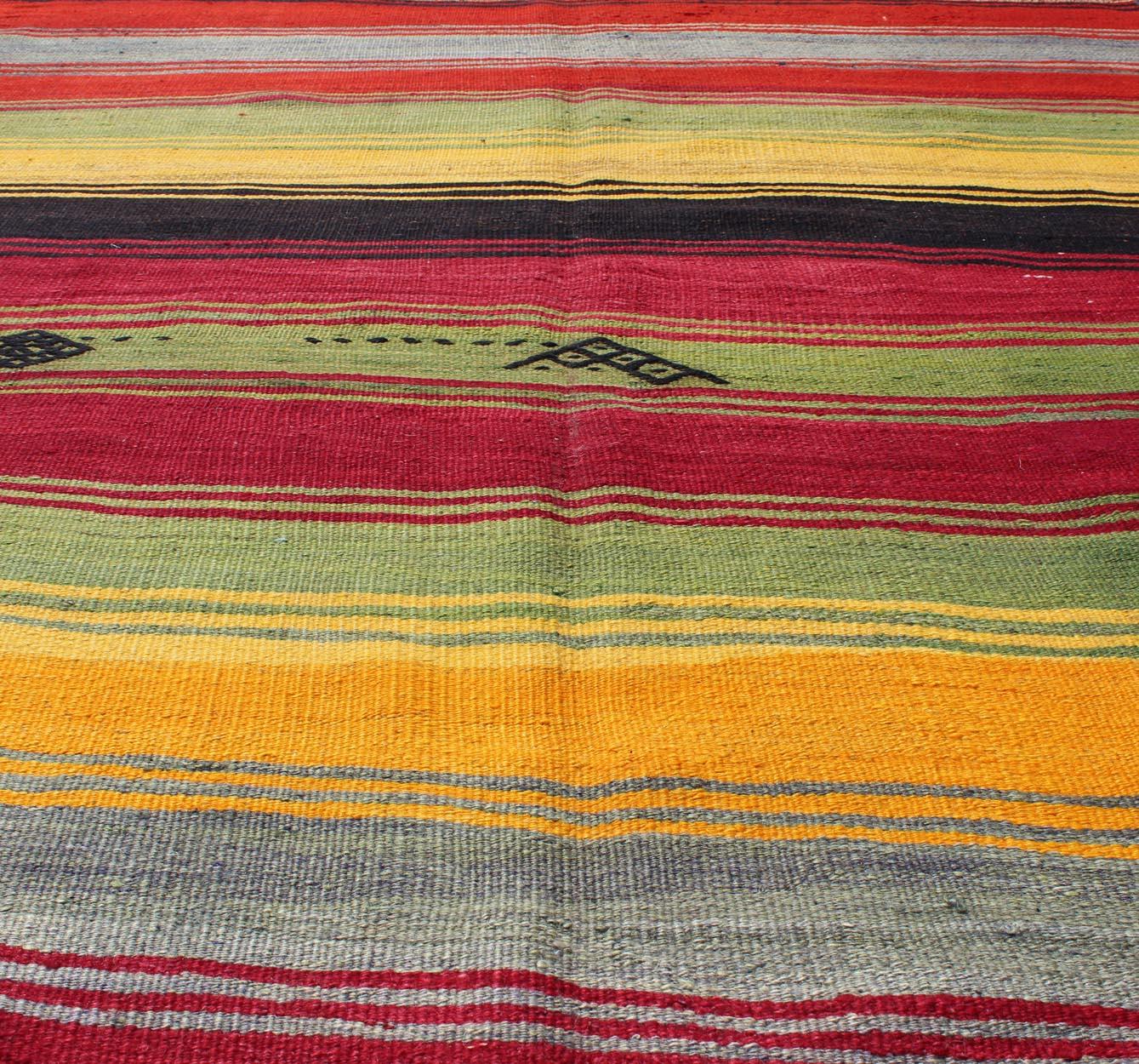 Wool Bright & Colorful Vintage Turkish Kilim Rug in Stripes Design with Vivid Colors For Sale