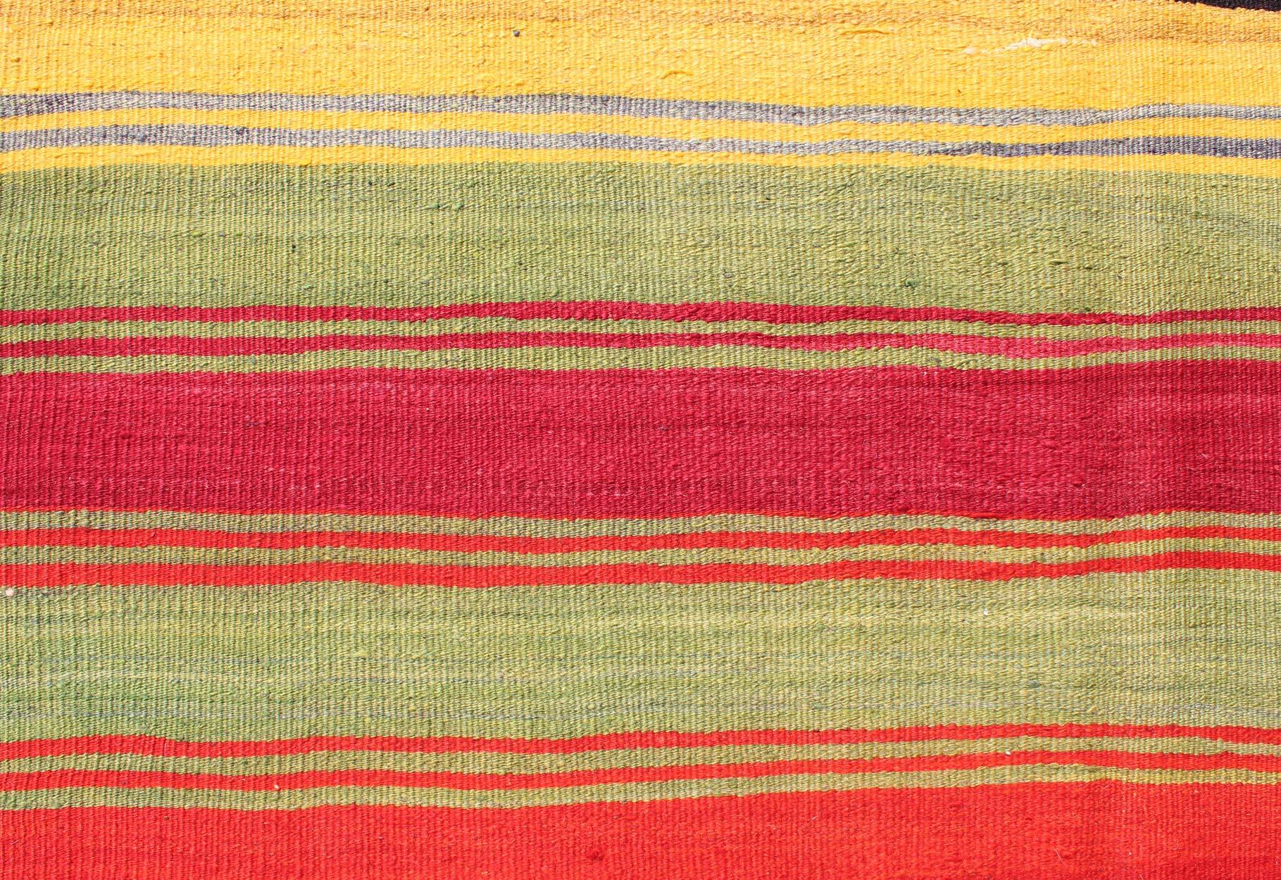 Colorful Vintage Turkish Kilim Rug with Subtle Tribal Shapes and Stripes Design For Sale 1