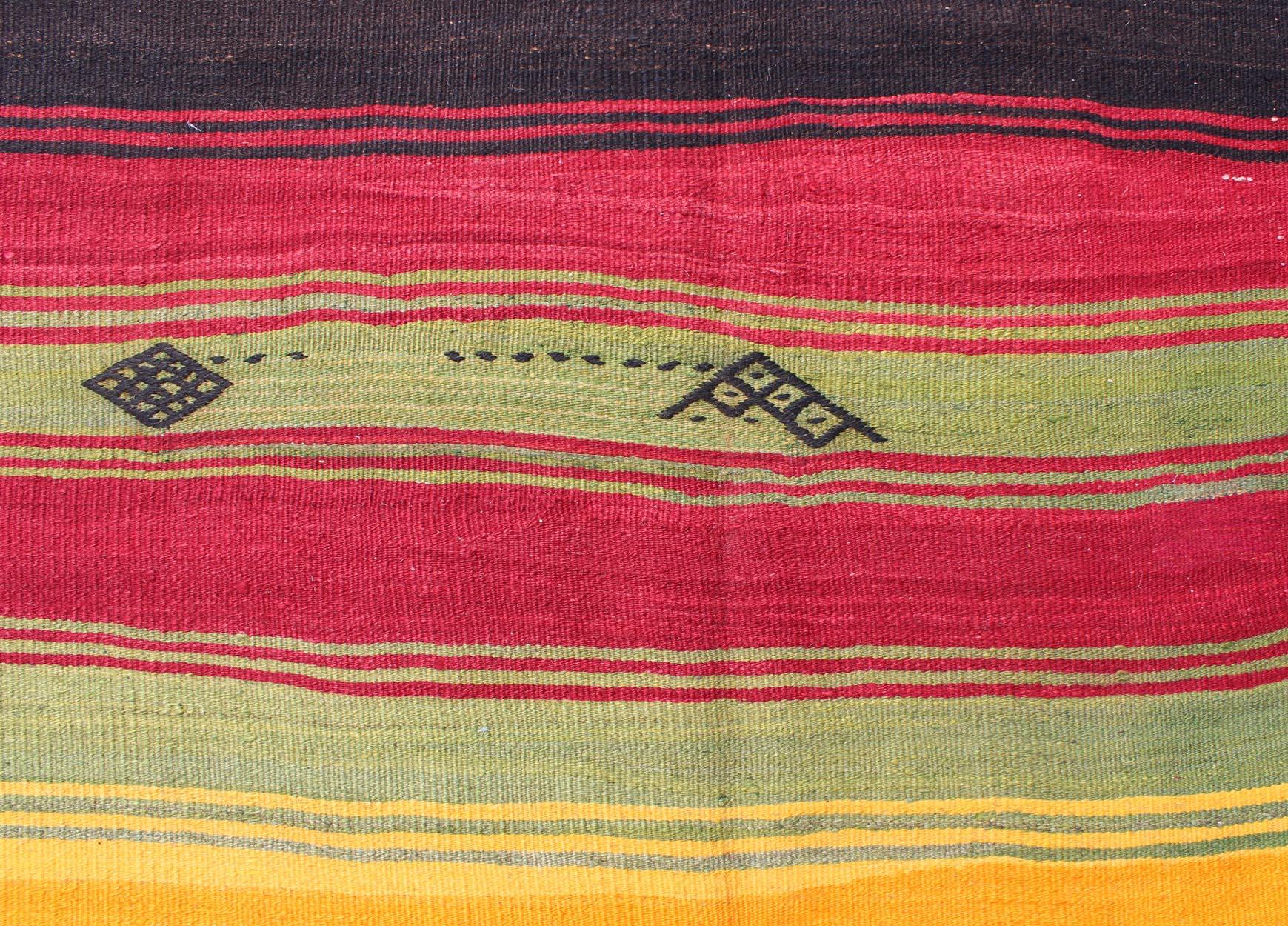 Bright & Colorful Vintage Turkish Kilim Rug in Stripes Design with Vivid Colors For Sale 1