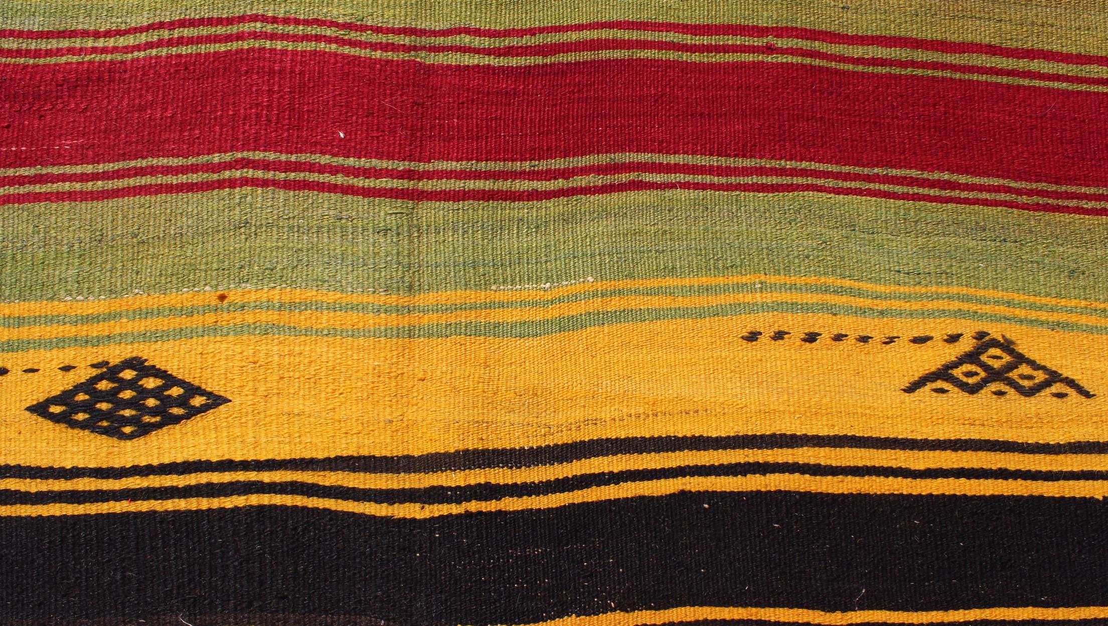 Colorful Vintage Turkish Kilim Rug with Subtle Tribal Shapes and Stripes Design For Sale 2