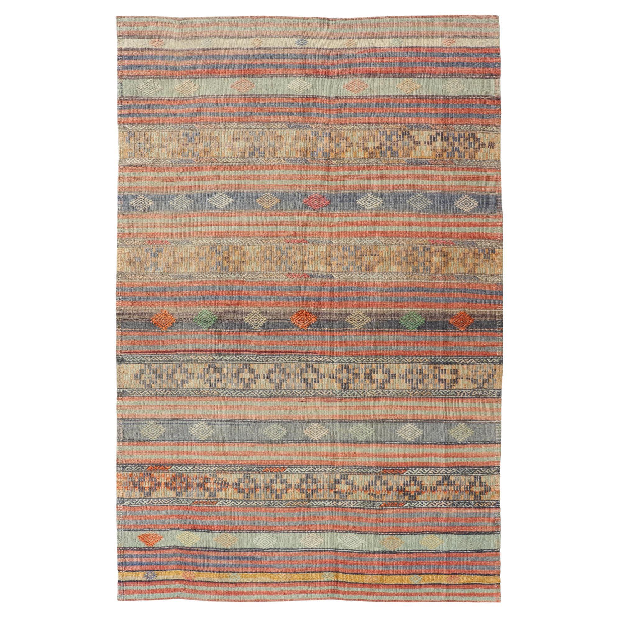 Colorful Vintage Turkish Kilim Rug With Vibrant Striped Design 5'9 x 9'4