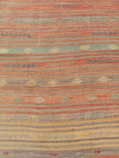 Colorful Vintage Turkish Kilim Runner with Stripes and Geometric Embroideries