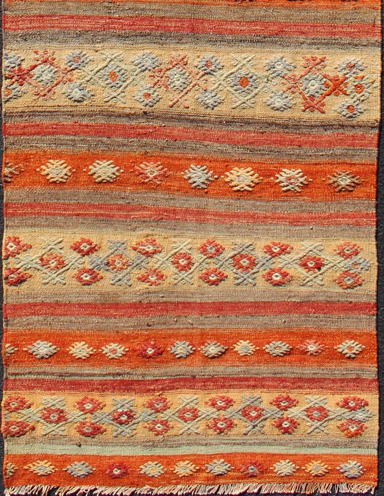 Hand-Woven Colorful Vintage Turkish Kilim Runner with Stripes and Geometric Embroideries For Sale