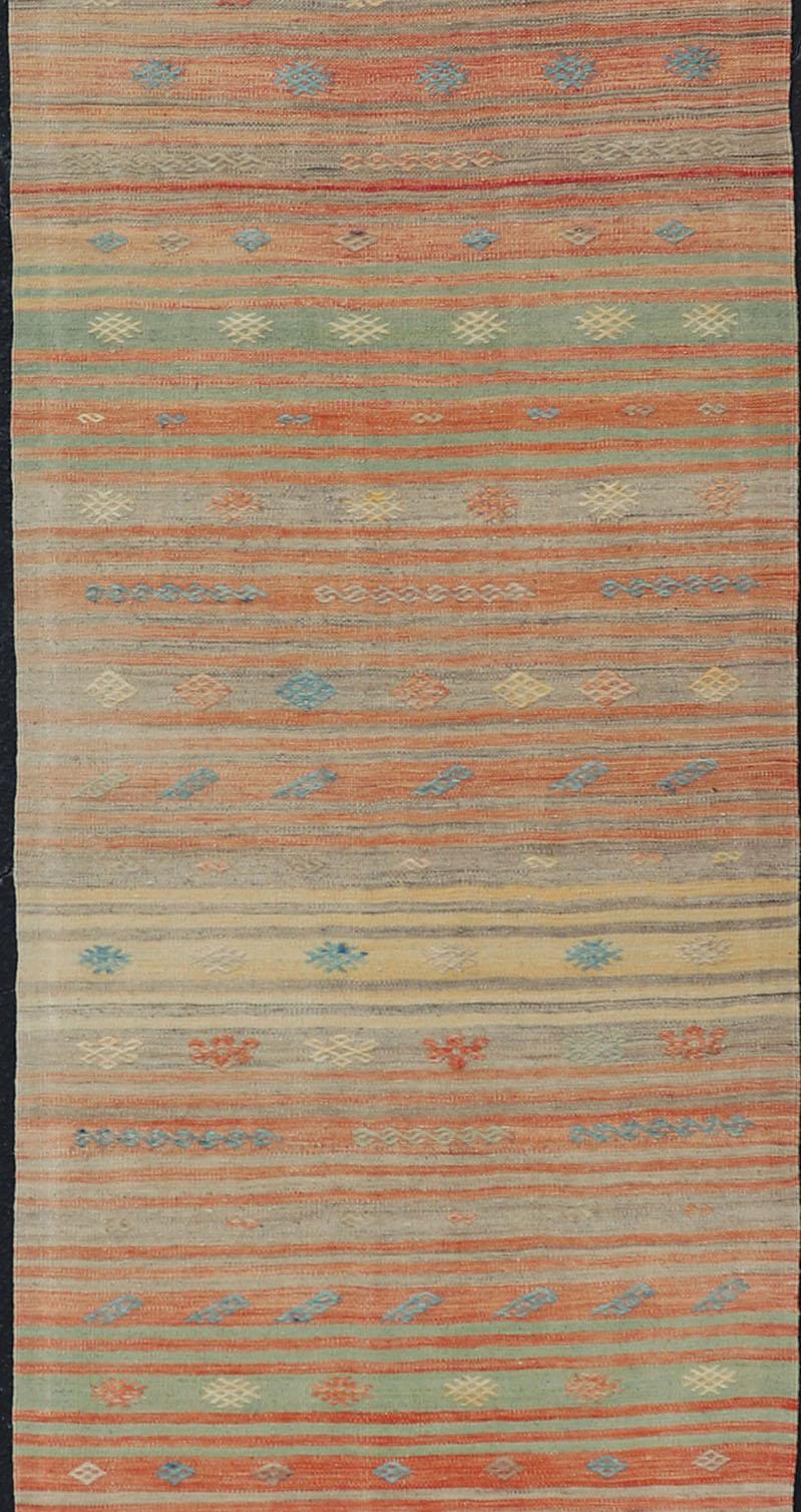 20th Century Colorful Vintage Turkish Kilim Runner with Stripes and Geometric Embroideries For Sale