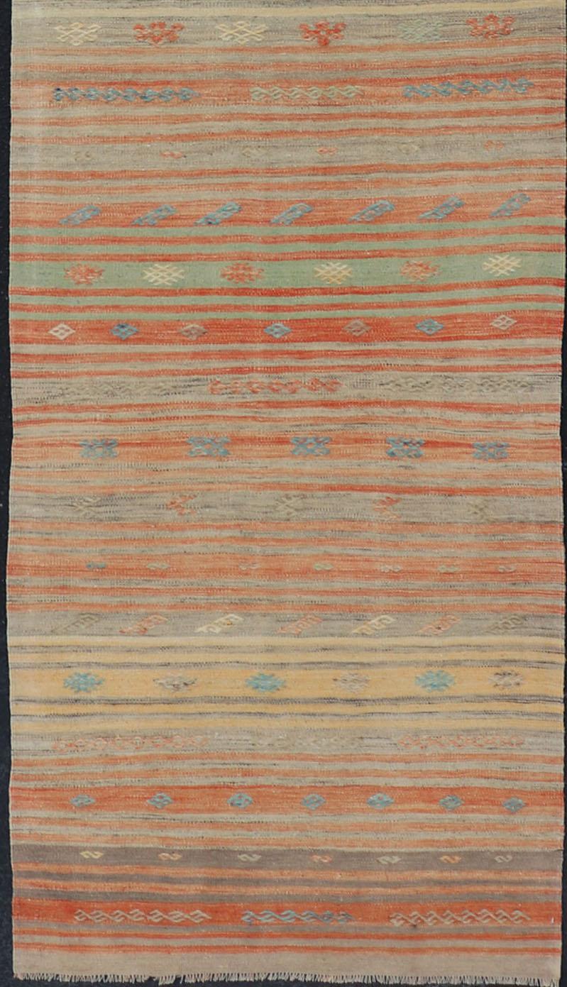 Wool Colorful Vintage Turkish Kilim Runner with Stripes and Geometric Embroideries For Sale