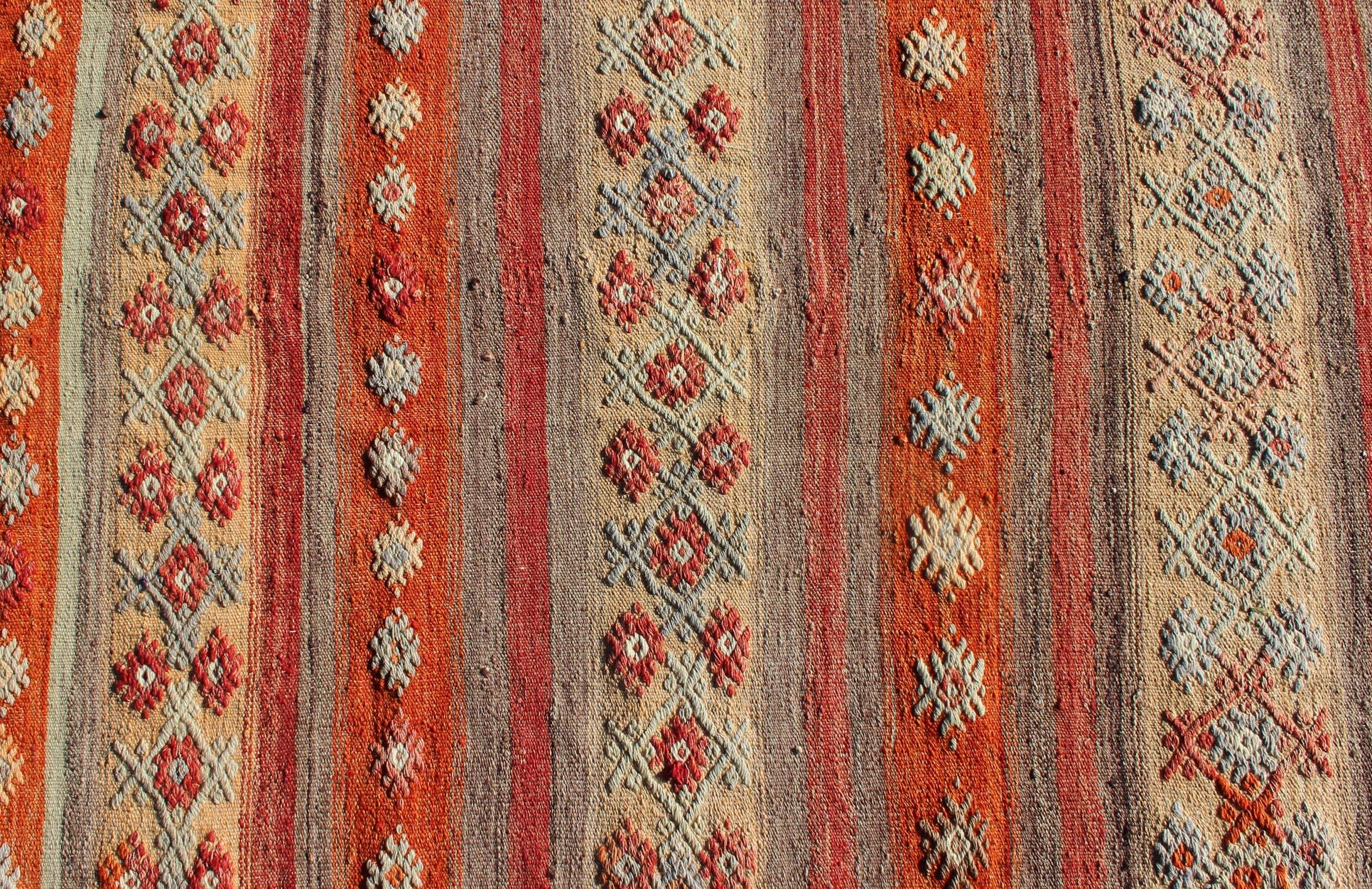 Colorful Vintage Turkish Kilim Runner with Stripes and Geometric Embroideries For Sale 1
