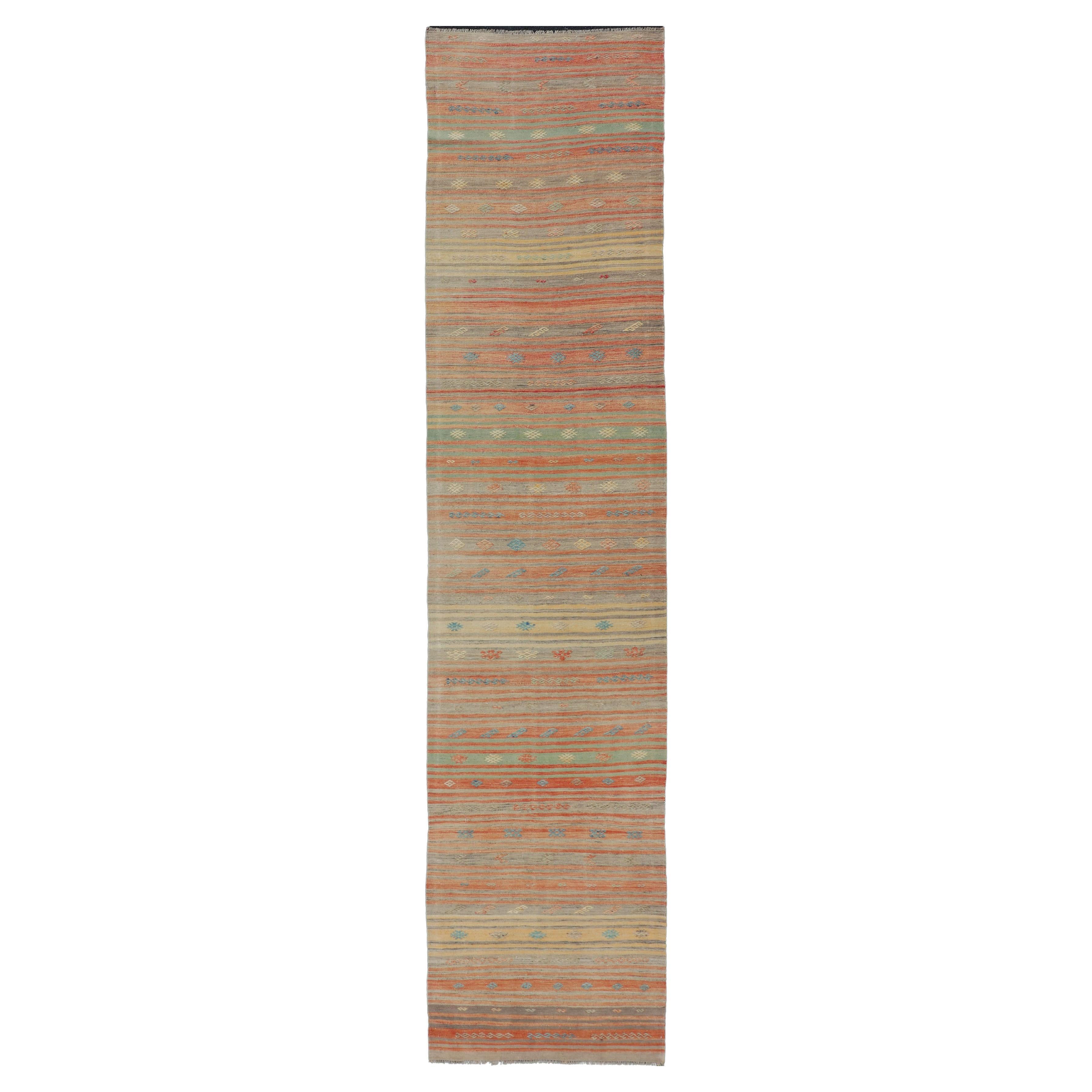 Colorful Vintage Turkish Kilim Runner with Stripes and Geometric Embroideries For Sale