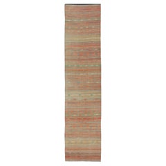 Colorful Vintage Turkish Kilim Runner with Stripes and Geometric Embroideries