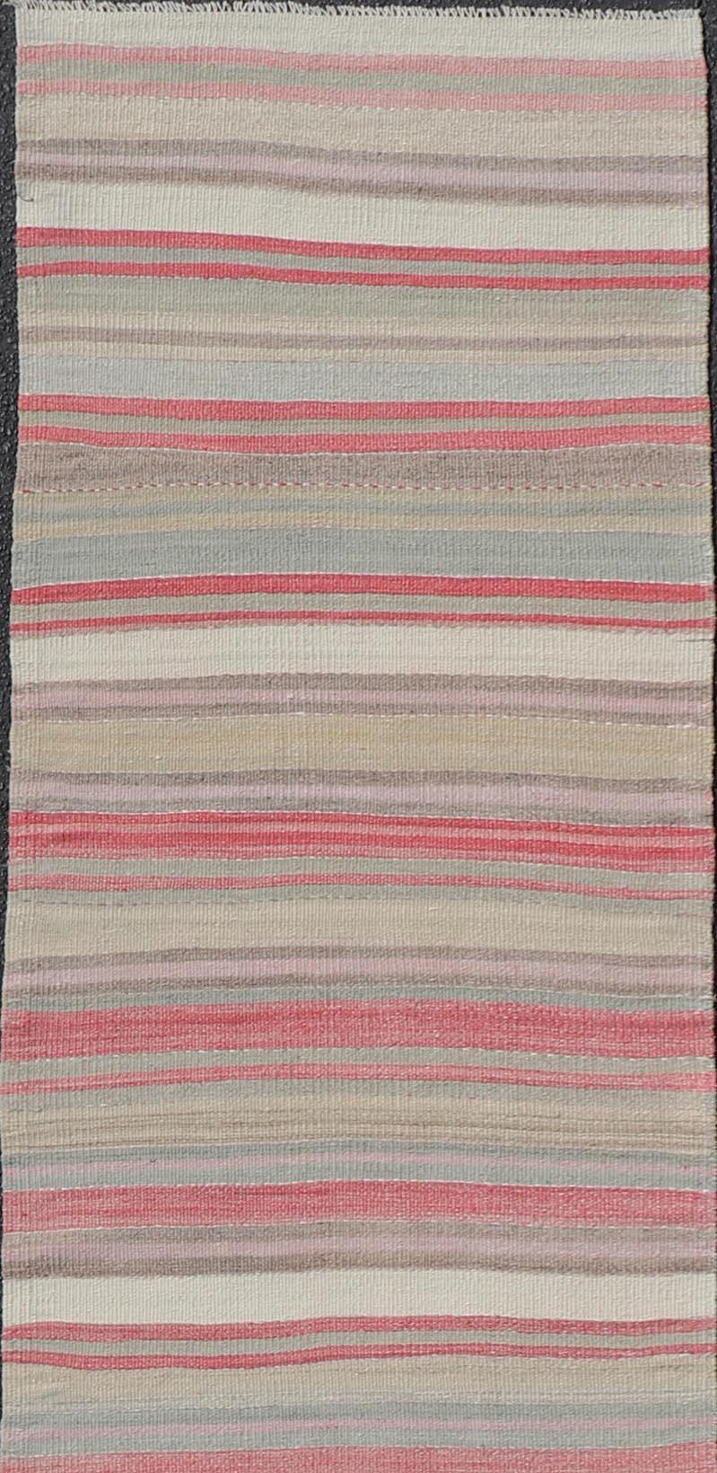 Colorful Vintage Turkish Kilim Runner with Stripes and Multi Colors. Keivan Woven Arts / rug EN-178649, country of origin / type: Turkey / Kilim, circa Mid-20th century.
Measures: 2'6 x 13'5 
Featuring a repeating horizontal stripe design, this