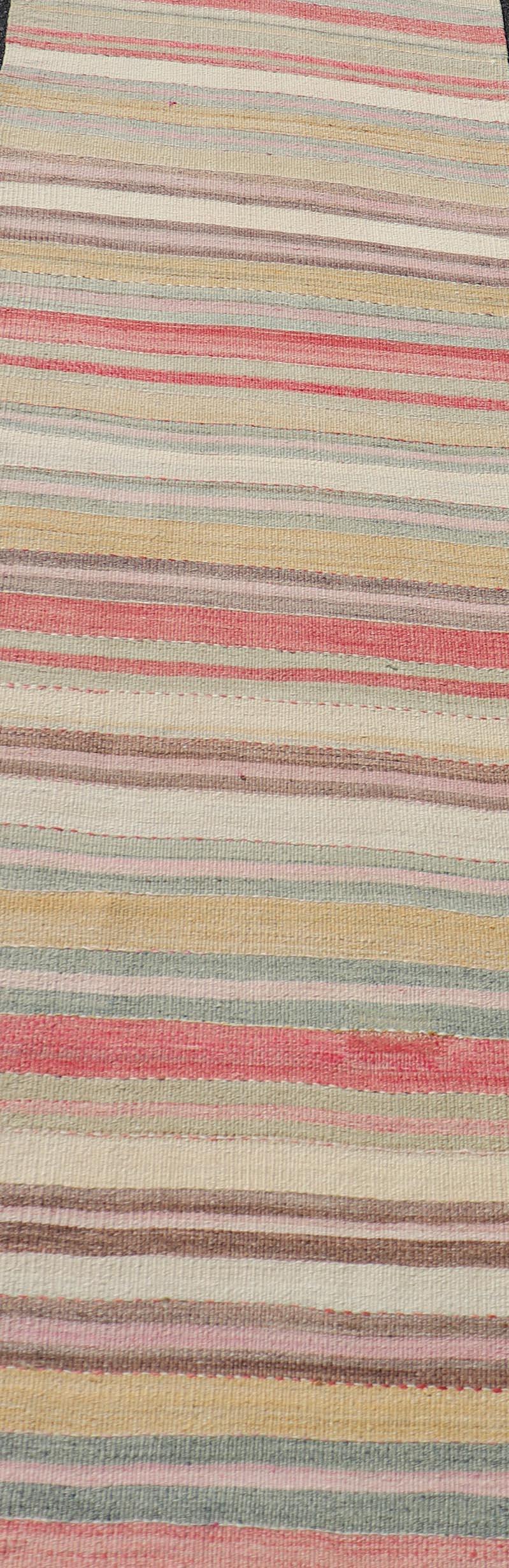 Wool Colorful Vintage Turkish Kilim Runner with Stripes and Multi Colors  For Sale