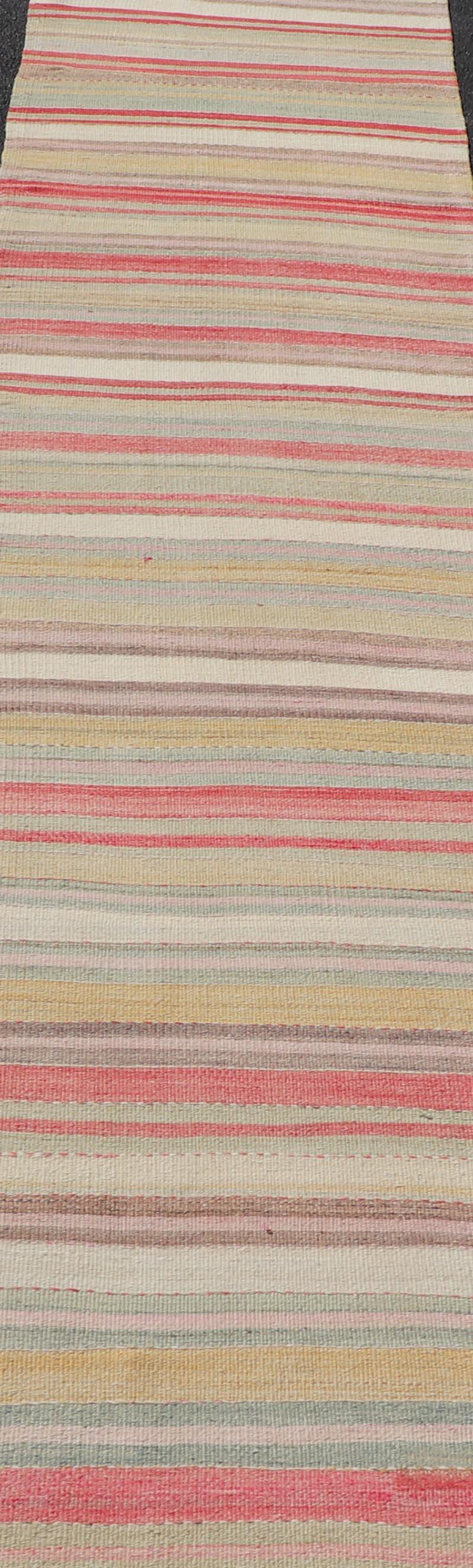 Colorful Vintage Turkish Kilim Runner with Stripes and Multi Colors  For Sale 1