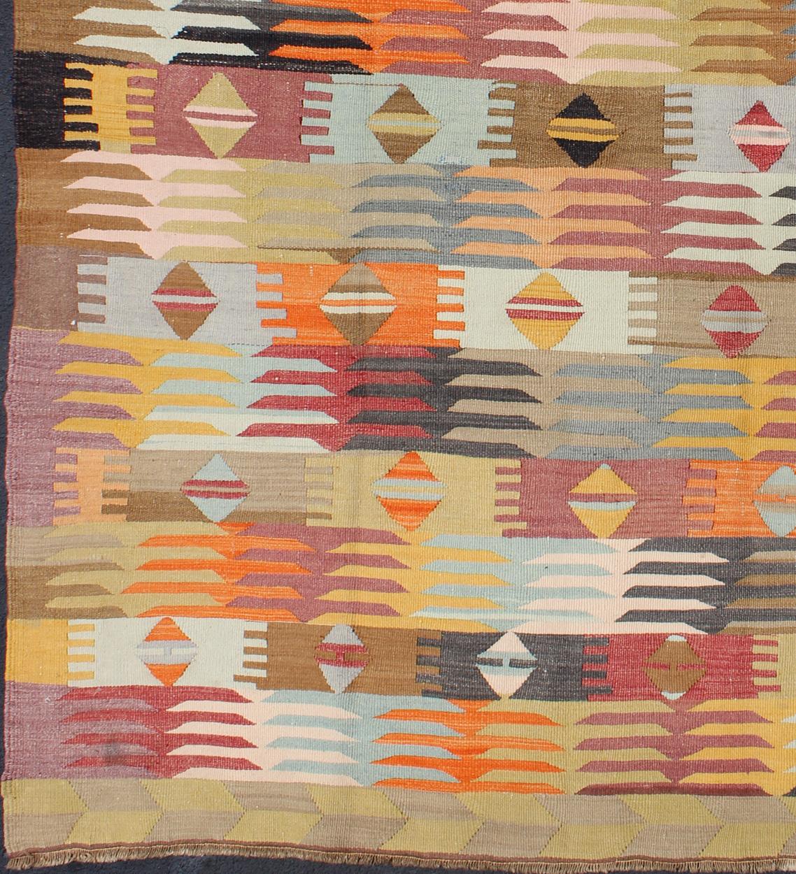 Hand-Woven Colorful Vintage Turkish Kilim with All-Over Latching Design & Geometric Shapes For Sale