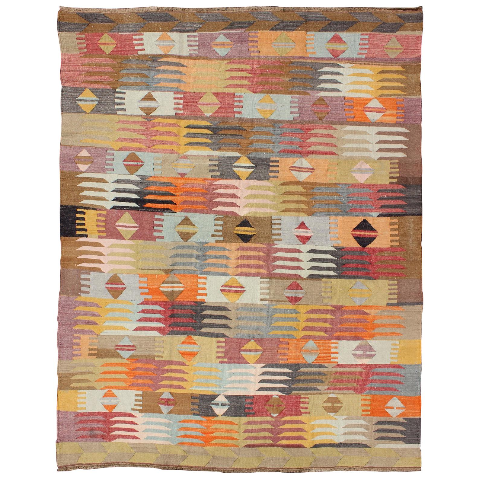 Colorful Vintage Turkish Kilim with All-Over Latching Design & Geometric Shapes