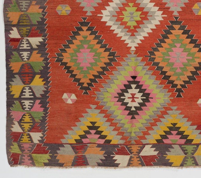 Colorful Vintage Turkish Kilim with Geometric Pattern, FlatWeave Wool