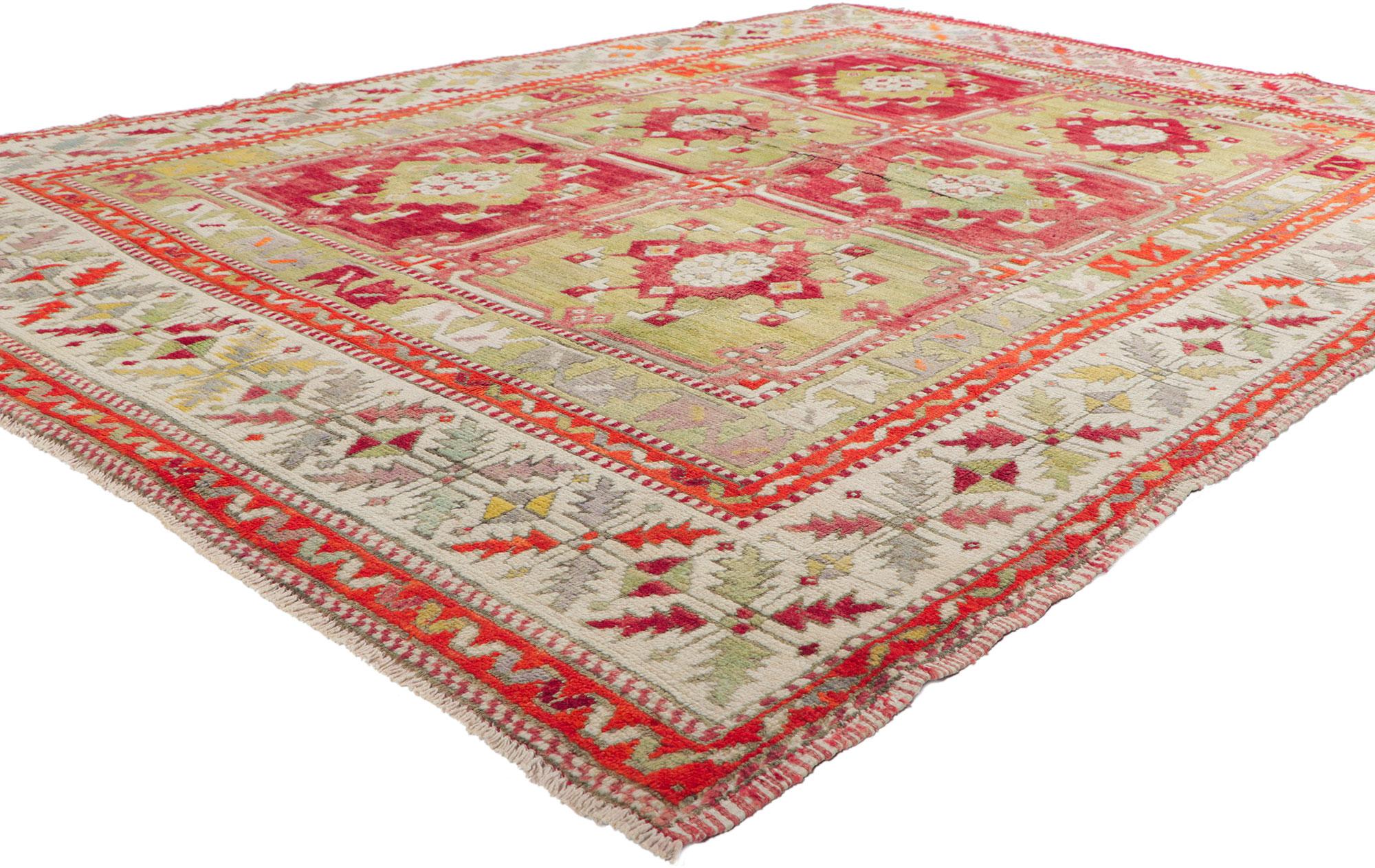 51780 Vintage Turkish Oushak rug, 06'03 x 08'09.
Showcasing a bold geometric design, incredible detail and texture, this hand knitted wool vintage Turkish Oushak rug is a captivating vision of woven beauty. The eye-catching compartmental design and