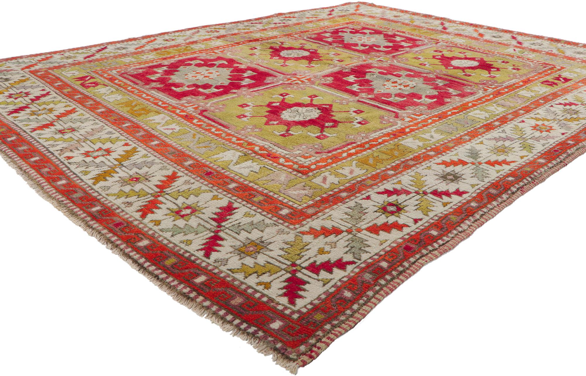 51781 Vintage Turkish Oushak rug, 06'01 x 07'10.
Showcasing a bold geometric design, incredible detail and texture, this hand knitted wool vintage Turkish Oushak rug is a captivating vision of woven beauty. The eye-catching compartmental design and