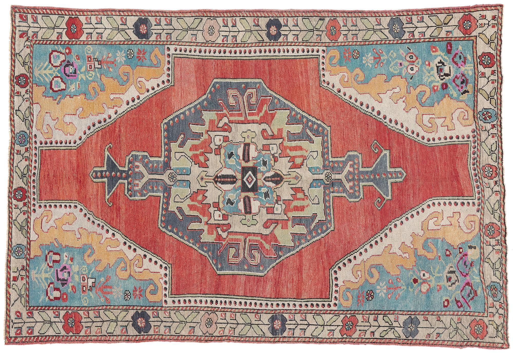 53865 Vintage Turkish Oushak Rug, 05'00 x 07'05. Emanating boho chic style with incredible detail and texture, this hand knotted wool vintage Turkish Oushak rug is a captivating vision of woven beauty. The medallion design and lively colors woven