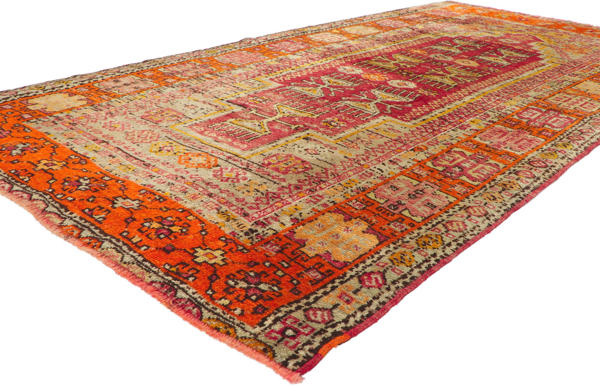52442 Vintage Turkish Oushak Rug, 04’05 x 08’07. 
Bright orange hues burst forth from every detailed aspect of this vintage Turkish Oushak rug. Vibrant and versatile, this hand knotted wool vintage Turkish Oushak rug features a plethora of