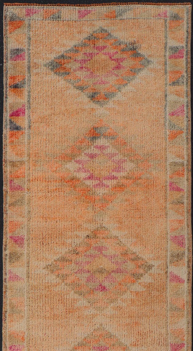 Hand-Knotted Colorful Vintage Turkish Oushak Runner with Diamond Medallions For Sale