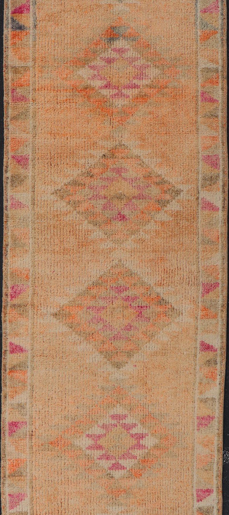 Colorful Vintage Turkish Oushak Runner with Diamond Medallions In Good Condition For Sale In Atlanta, GA