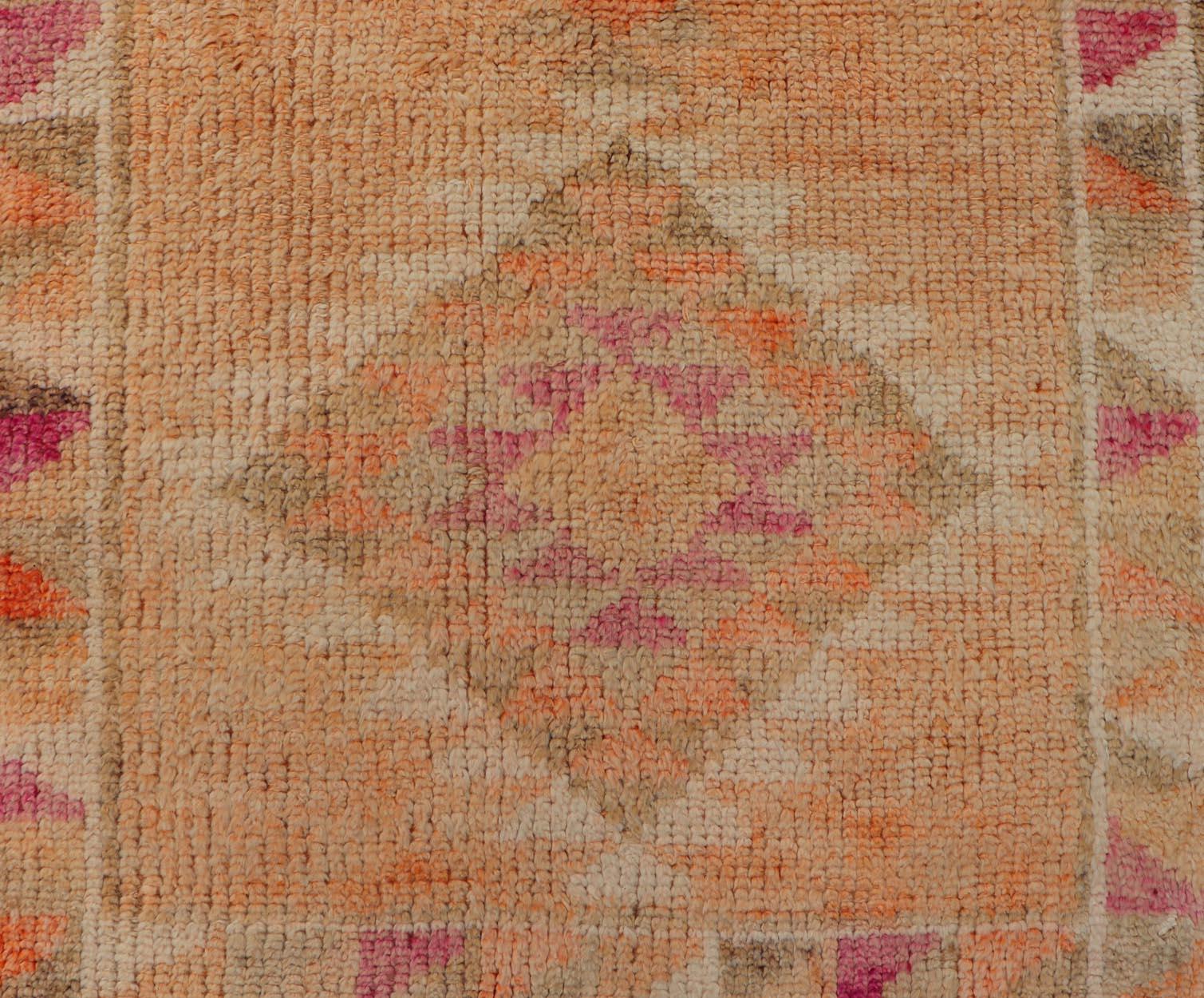 Colorful Vintage Turkish Oushak Runner with Diamond Medallions For Sale 2