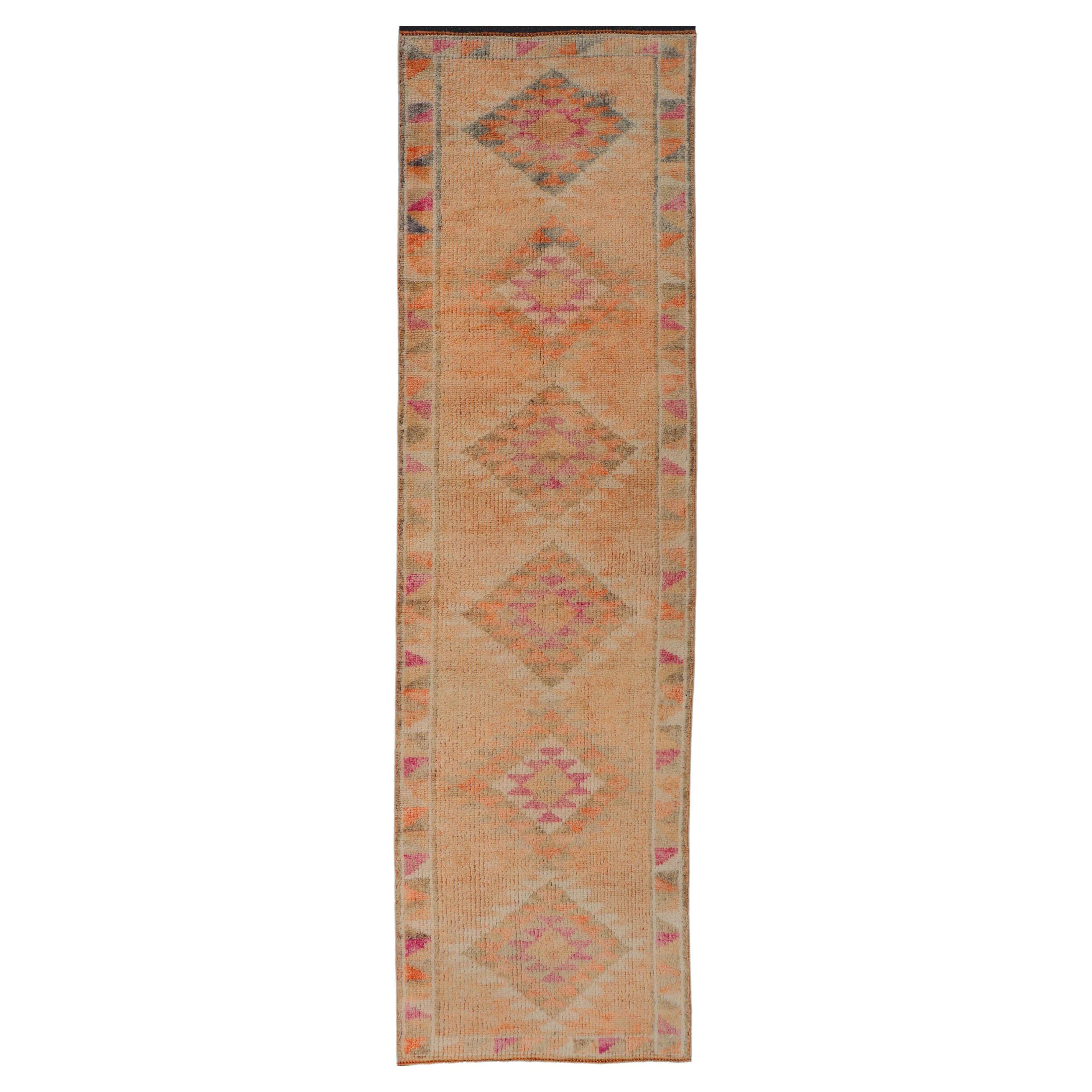 Colorful Vintage Turkish Oushak Runner with Diamond Medallions For Sale