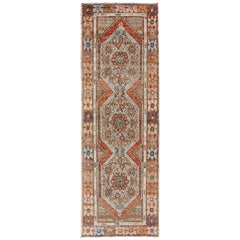 Colorful Vintage Turkish Oushak Runner with Medallion Design