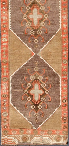 Colorful Vintage Turkish Runner with Diamond Medallions in Lt. Camel and Gray