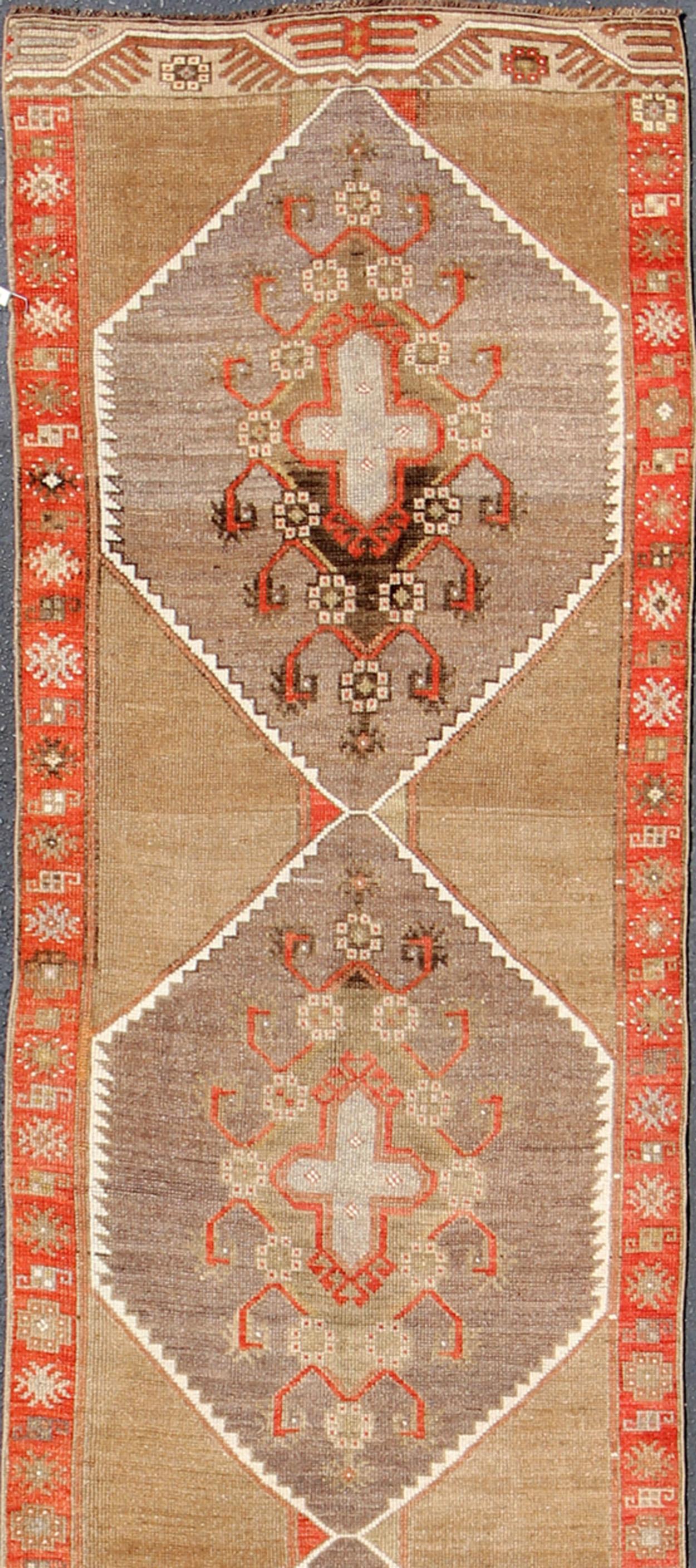 Colorful Vintage Turkish Runner with Diamond Medallions in Lt. Camel and Gray For Sale 2