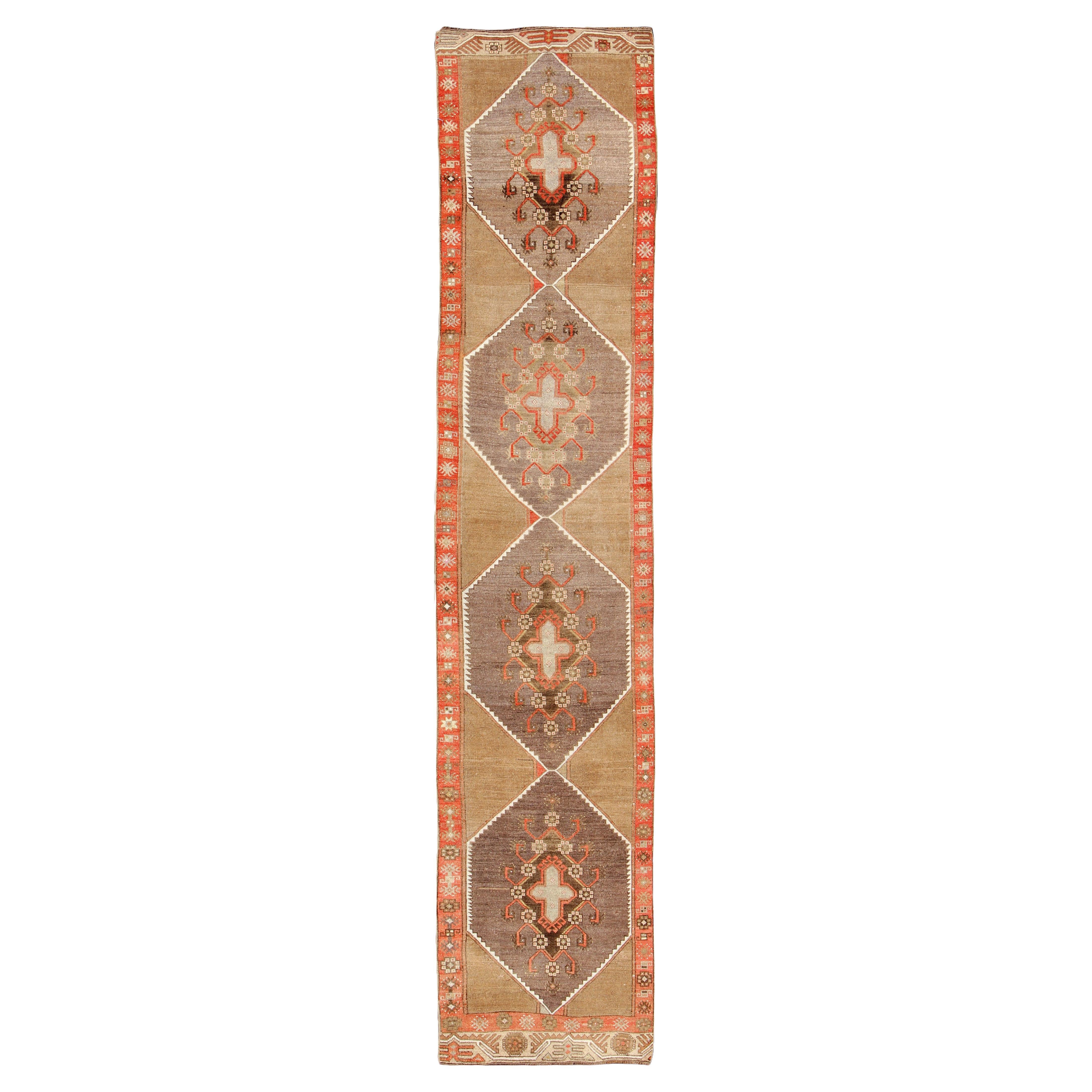 Colorful Vintage Turkish Runner with Diamond Medallions in Lt. Camel and Gray For Sale